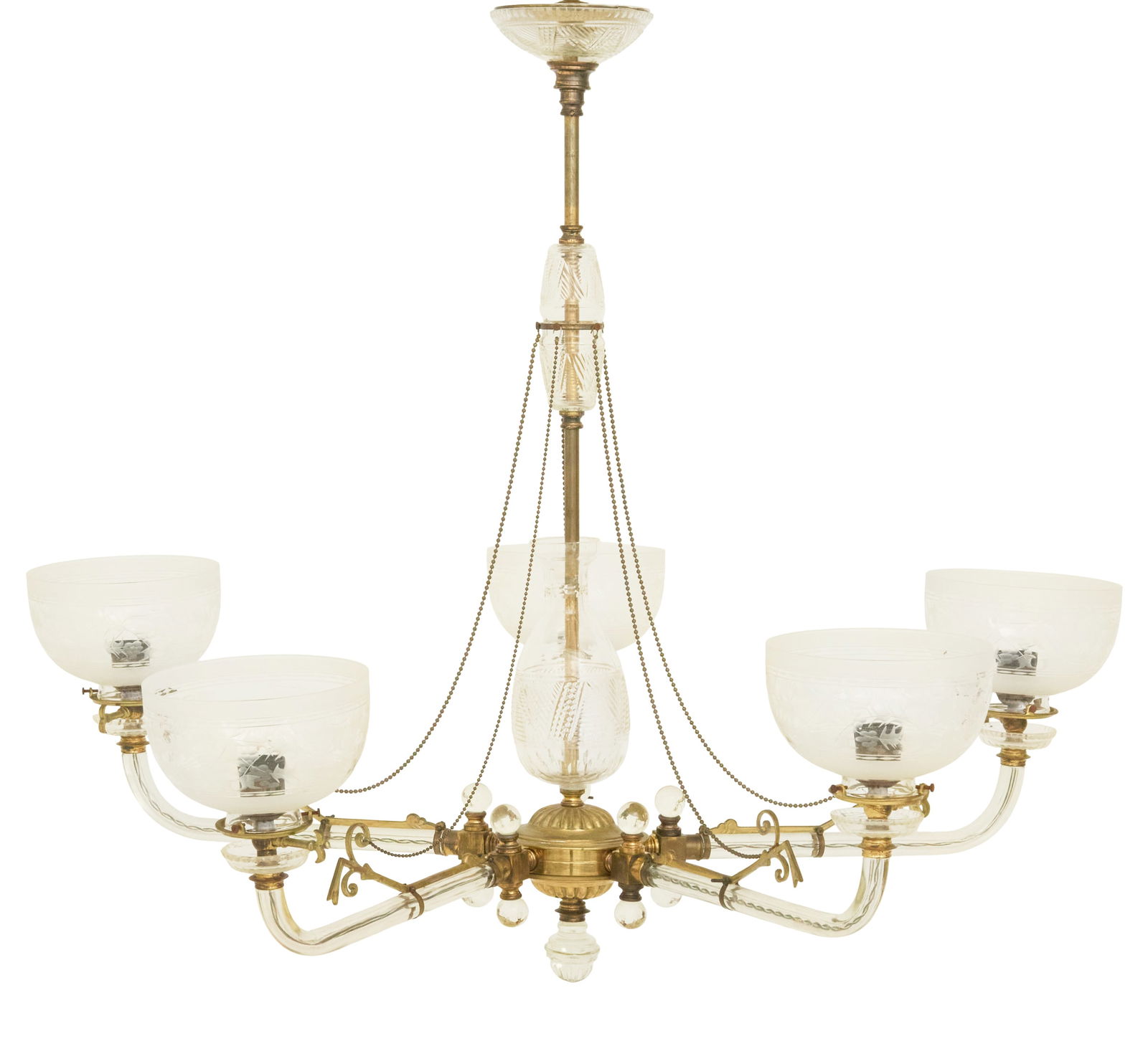 English Glass and Bronze Five-Light Gasolier: English Glass and Bronze Five-Light Gasolierlate 19th century, possibly by F. & C. Osler, Birmingham, England, the standard clad with cut glass, the reeded bronze body set with five glass arms ornamen