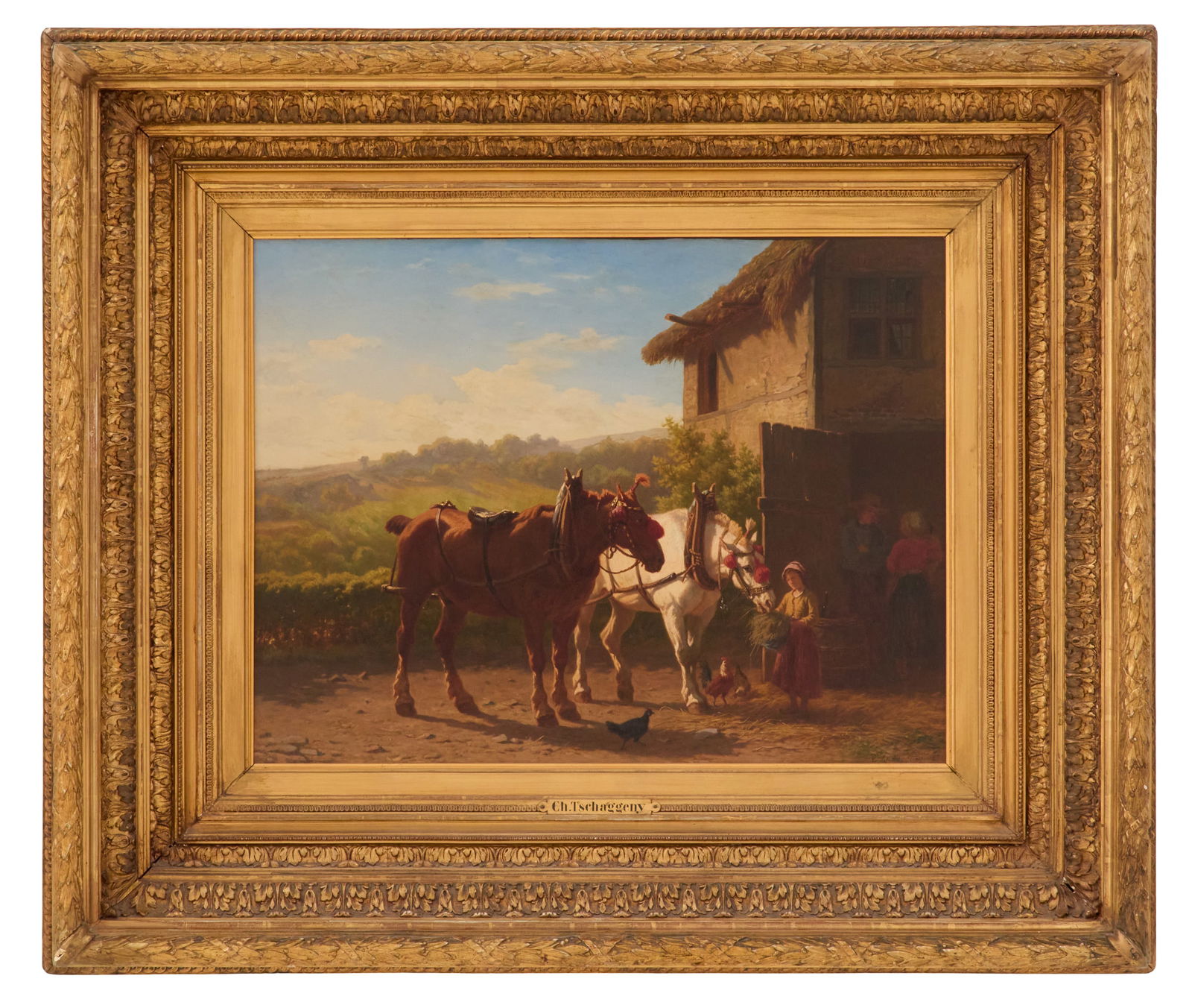 Charles-Philogene Tschaggeny (Belgian, 1815-1894): Charles-Philogene Tschaggeny(Belgian, 1815-1894)"Horses by the Stable", 1872oil on wood panelsigned and dated lower right, a "Los Angeles Fine Art Gallery" label en verso.Framed.20-3/4" x 28-1/4", fra