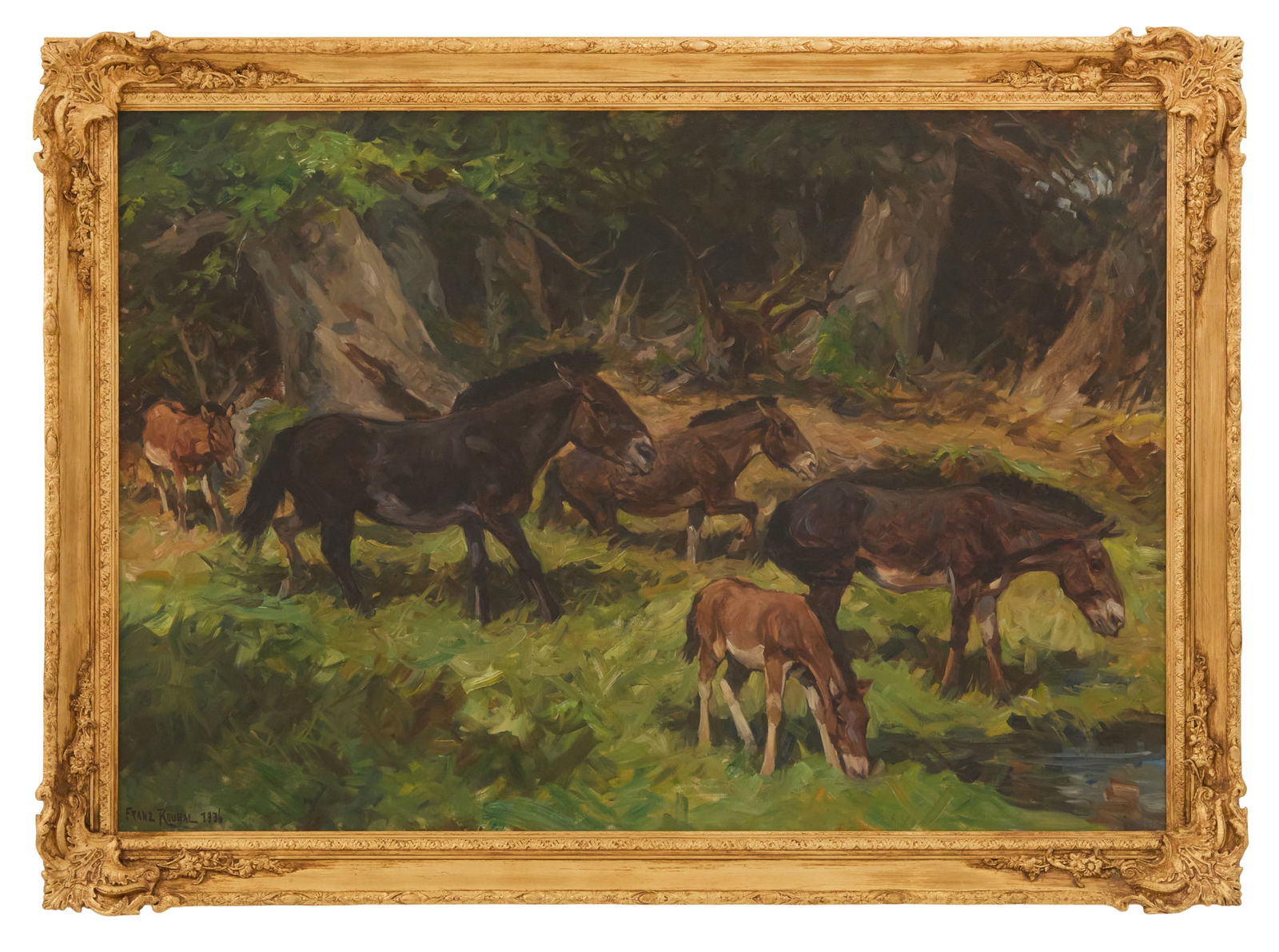 Franz Roubal (Austrian, 1889-1967): Franz Roubal(Austrian, 1889-1967)"Horses Grazing", 1936oil on canvassigned and dated lower left.Framed.46" x 66", framed 55" x 74-1/2"