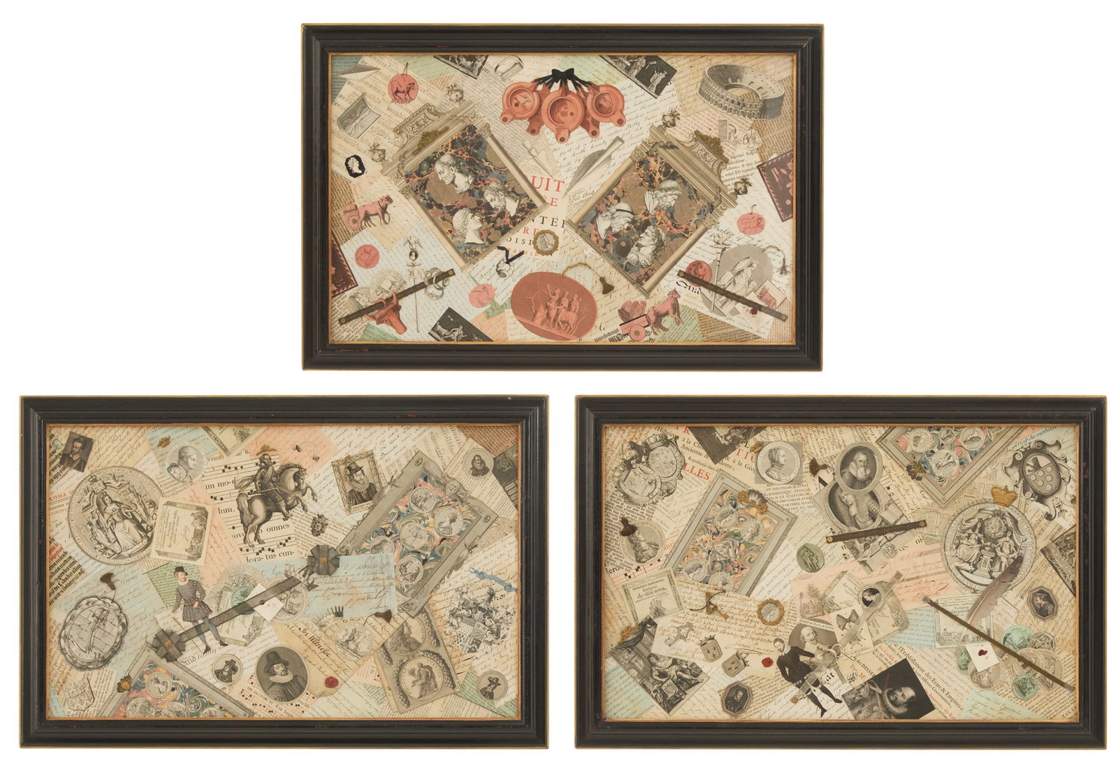 Three English Collages: Three English Collagesca. 1900, mixed media including lithography and ribbon.Matted, glazed and framed.each sight 17" x 27-1/2", framed 21" x 31-1/2"