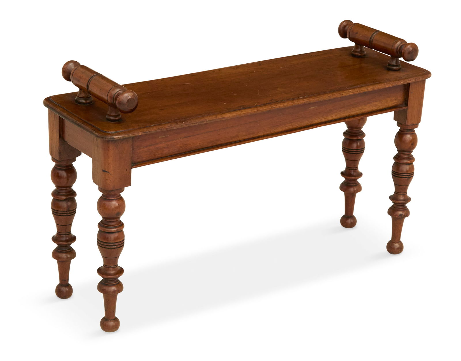 Edwardian Mahogany Jockey-Style Bench: Edwardian Mahogany Jockey-Style Benchca. 1900, the plank seat with a molded edge and turned hand grips at each end, raised on turned legs.h. 18", seat h. 15-1/2", w. 30-1/2", d. 10"