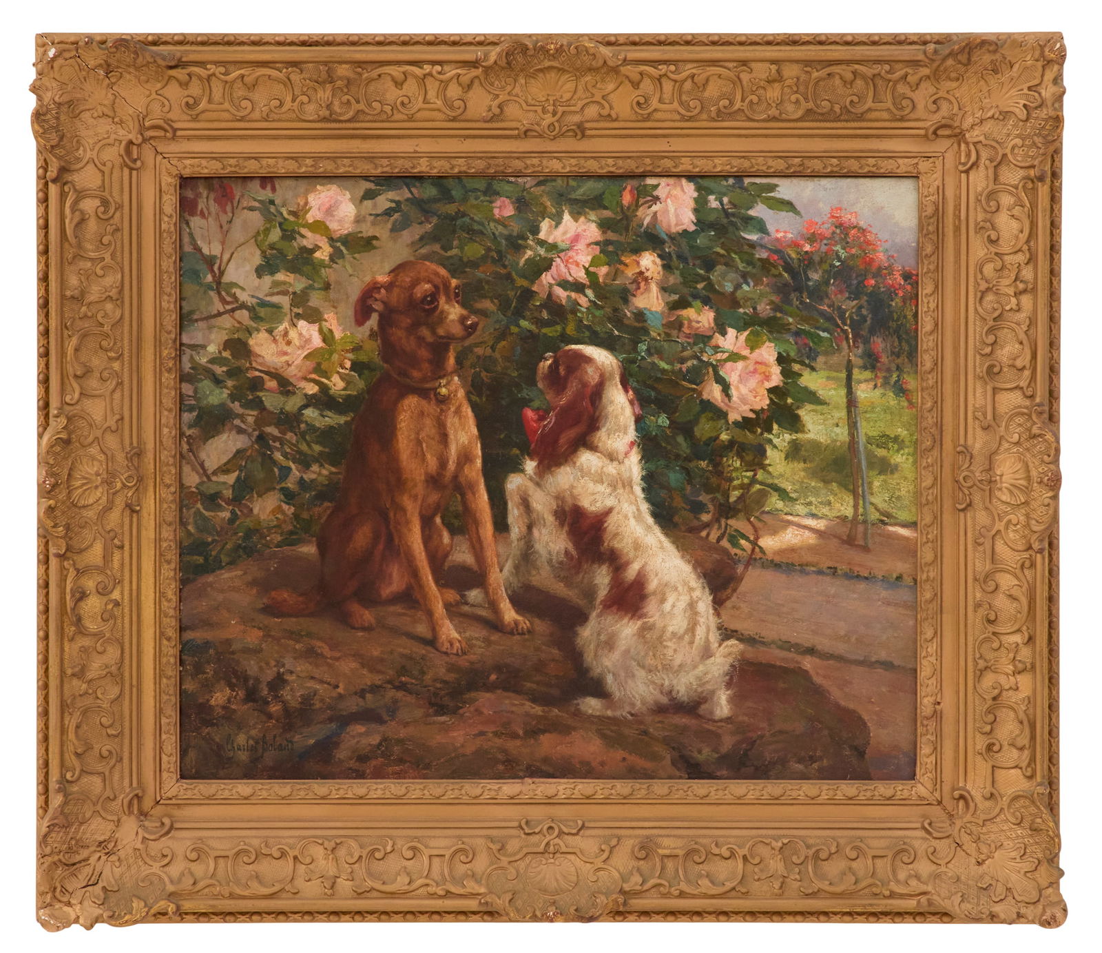 Charles Boland (Belgian, 19th Century): Charles Boland(Belgian, 19th Century)"Confrontation in the Garden"oil on canvassigned lower left and en verso.Framed.20" x 24", framed 29" x 33"