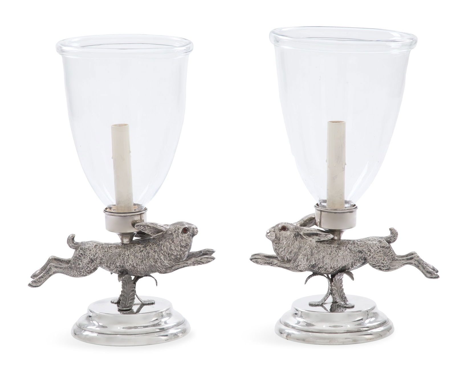 Italian Silverplate and Glass Hurricane Lamps: Pair of Italian Silverplate and Glass Hurricane Lampsmid-20th century, Mika, each with a figural standard of a hare courant above a molded circular base and surmounted with glass hurricane shade, elec