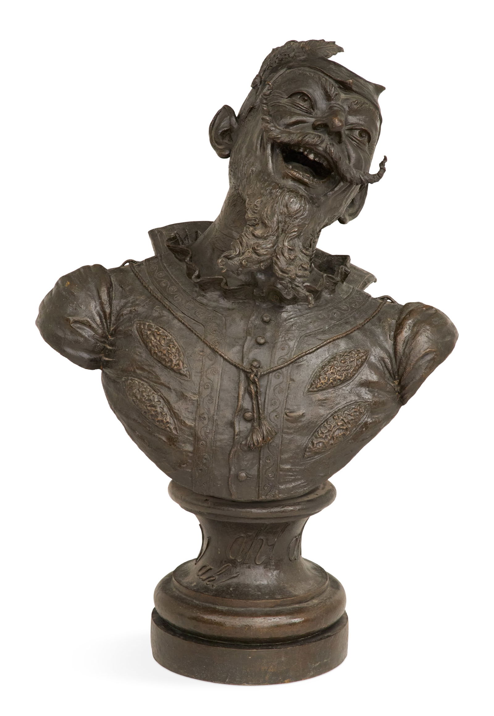 Bronze Bust of Mephistopheles: Bronze Bust of Mephistopheles late 19th century, head tilted to one side, in a richly detailed costume, the socle inscribed "ah! ah! ah!". h. 29-1/2", w. 18-1/4", d. 14"