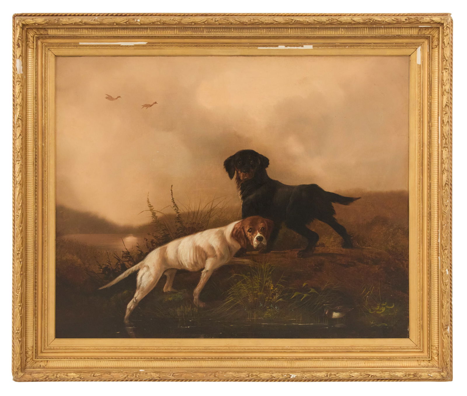 A. Claessens (Belgian, 19th Century): A. Claessens (Belgian, 19th Century) "Two Hunting Dogs in a Landscape" oil on canvas signed lower right, a "Los Angeles Fine Art Gallery" label en verso. Framed. 31-1/2" x 39-1/2", framed 40-1/2" x