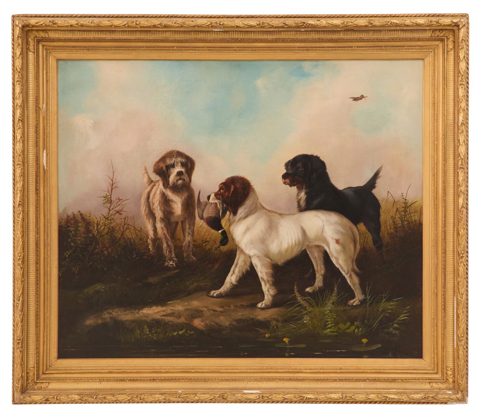 A. Claessens (Belgian, 19th Century): A. Claessens (Belgian, 19th Century) "Three Hunting Dogs in a Landscape" oil on canvas signed lower right, a "Los Angeles Fine Art Gallery" label en verso. Framed. 31-1/2" x 39-1/2", framed 40-1/2" x