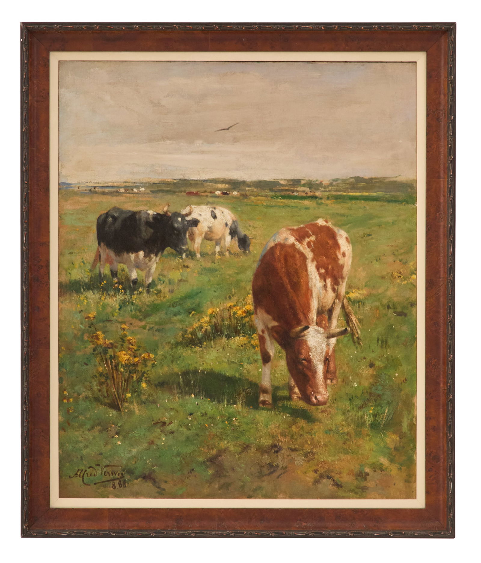 Alfred Verwee (Belgian, 1838-1895): Alfred Verwee (Belgian, 1838-1895) "Grazing in the Field", 1888 oil on canvas signed and dated lower left. Framed. 28" x 22-1/2", framed 32" x 27"