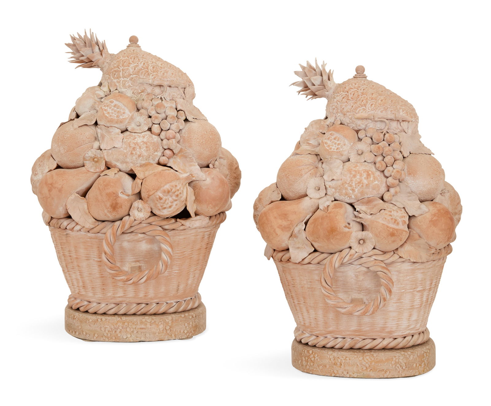 Pair of Terracotta Baskets of Fruit: Pair of Terracotta Baskets of Fruitcontemporary, with an abundance of carefully sculpted fruit, in tapered "wicker" baskets with ring-form handles.h. 24", w. 13-1/4", d. 10-1/2"