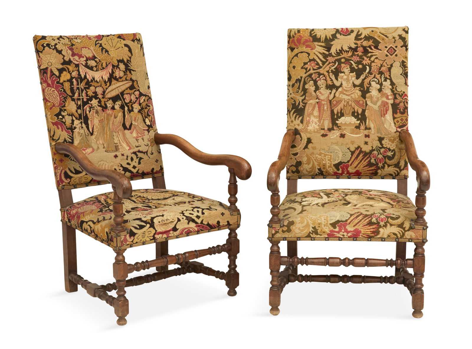 Pair of Stained Fruitwood Fauteuils a la Reine: Pair of Stained Fruitwood Fauteuils a la Reineca. 1900, in the Louis XIV taste, each upholstered in scenic tapestry and trimmed with spiked brass studs, raised on block-and-turned legs joined by like