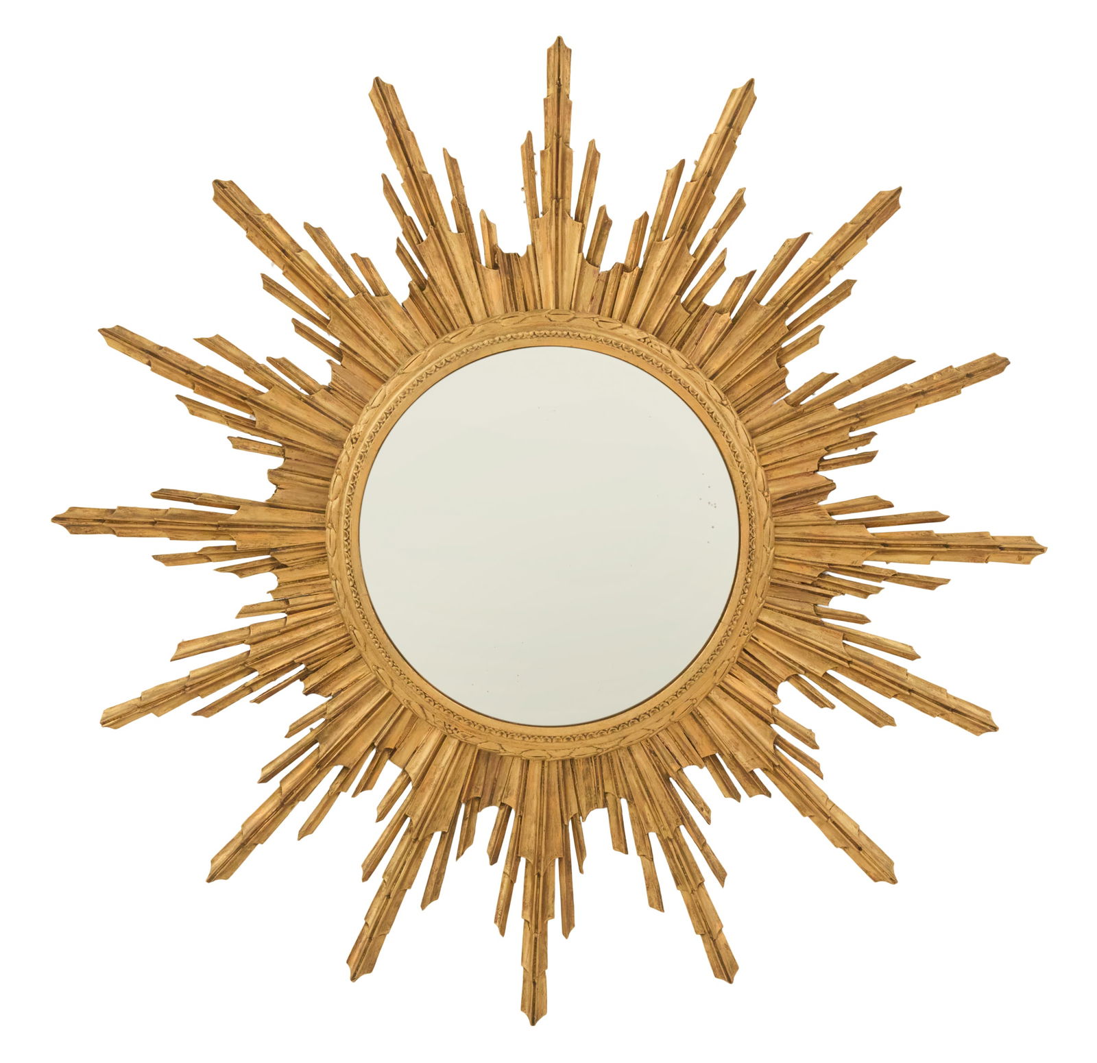 Giltwood Sunburst Mirror: Giltwood Sunburst Mirrorthe convex mirror plate set into a leaf-molded liner, with "rays" emanating from the outside edge.dia. 38-1/2"