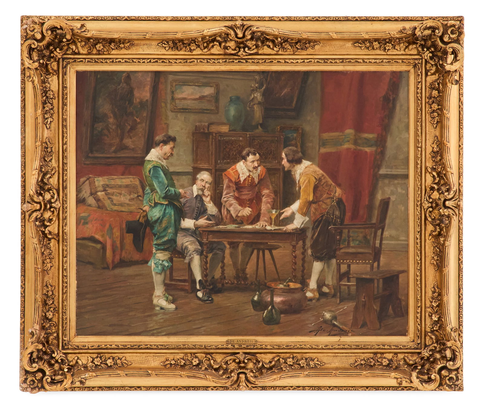 Alex de Andreis (Belgian, 1871-1929): Alex de Andreis(Belgian, 1871-1929)"A Group of Cavaliers"oil on canvassigned lower right.Framed.25-1/2" x 32", framed 35-1/2" x 42"