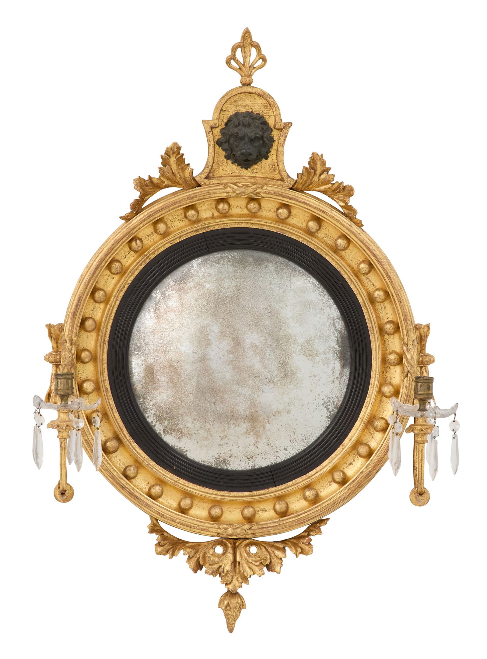 Unusually Delicate Regency Girandole Mirror: Unusually Delicate Regency Girandole Mirrorca. 1810, the top panel decorated with an ebonized lion's head, a pierced anthemion on top, the coved surround set with spherules and lotus-carved giltwood c