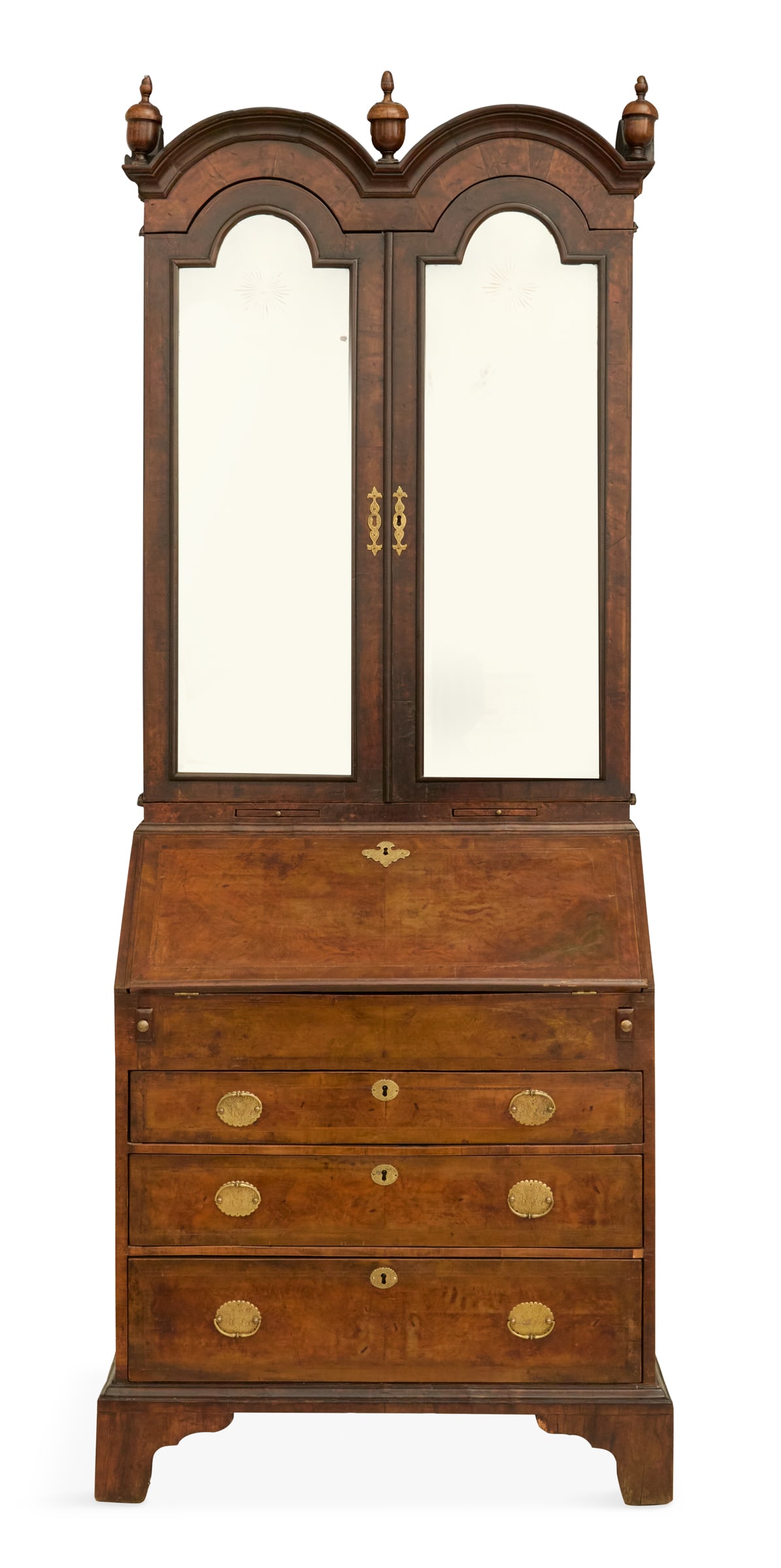 Queen Anne Burl Walnut Secretary Bureau: Queen Anne Burl Walnut Secretary Bureau mid-18th century, in two parts, the upper case with a double-dome top and three turned finials over a pair of beveled mirror doors, opening to a fitted