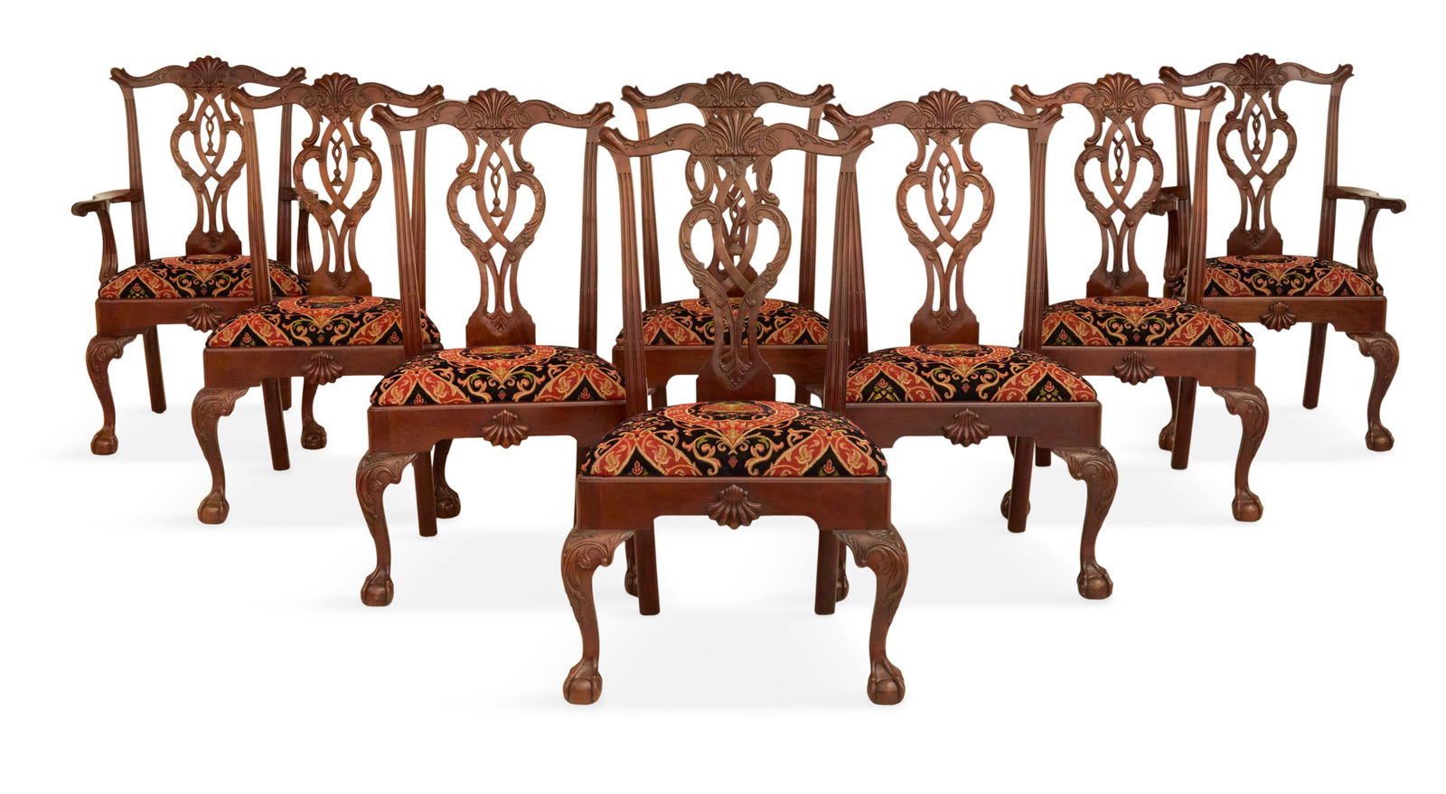 Eight George III-Style Mahogany Dining Chairs: Suite of Eight George III-Style Mahogany Dining Chairs 20th century, the suite comprised of two armchairs, h. 42", seat h. 20", w. 28", d. 20", and six side chairs, h. 42", seat h. 20", w. 25", d.
