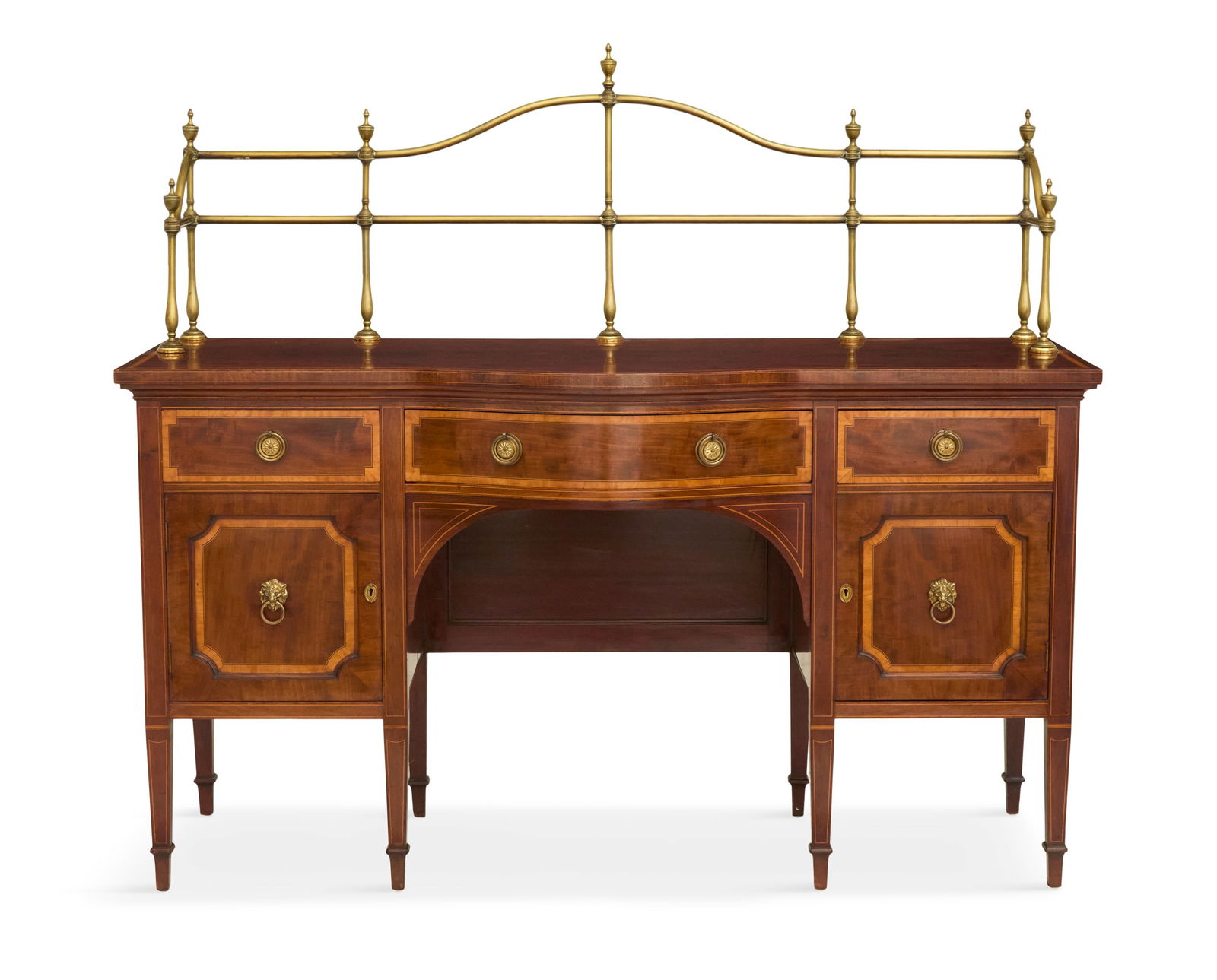 Fine Edwardian Mahogany Sideboard: Fine Edwardian Mahogany Sideboard ca. 1900, the bowfront top with a satinwood banded edge and a three-quarter brass gallery along the back and sides, the front fitted with three drawers and two