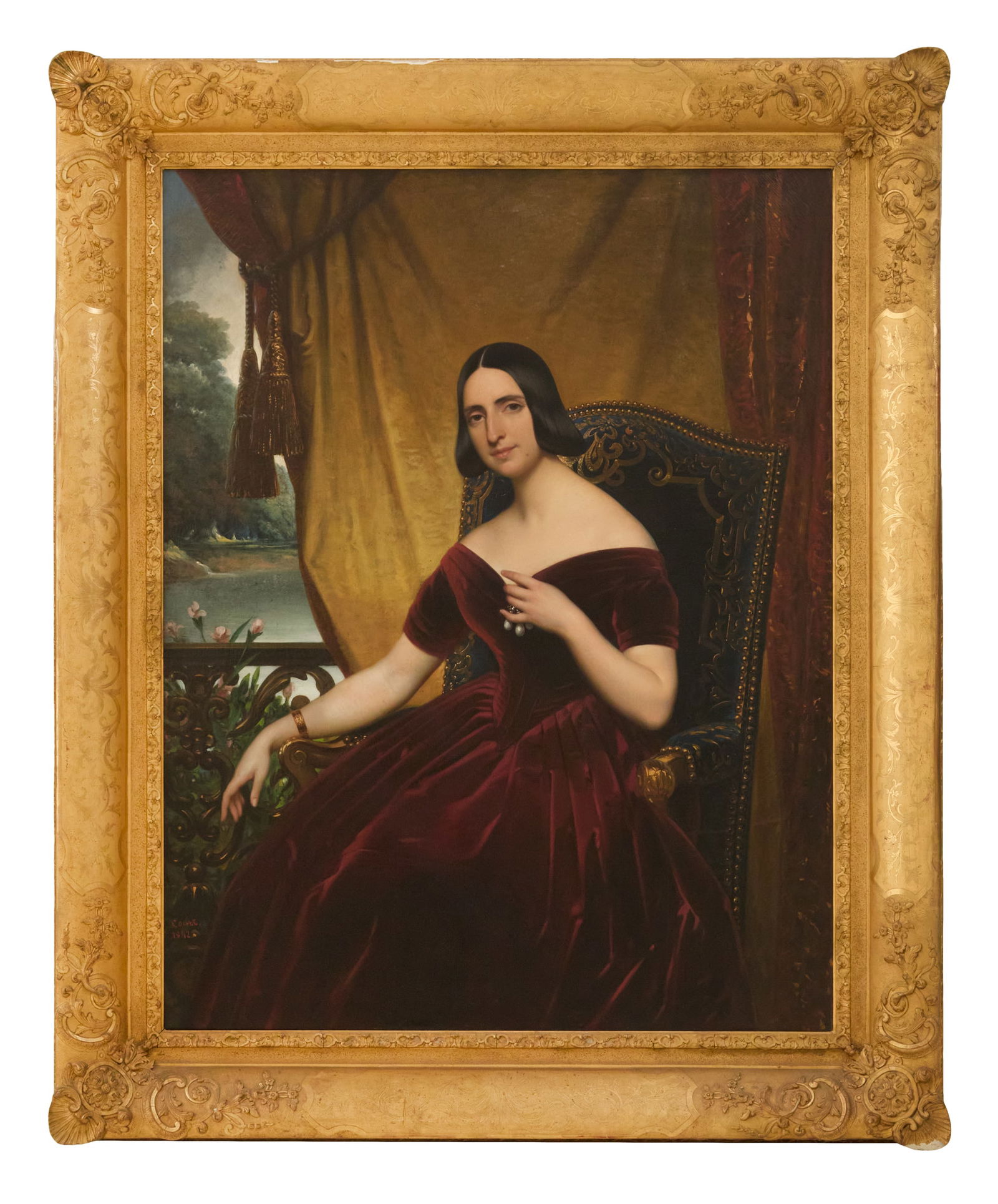 Joseph-Desire Court (French, 1797-1865): Joseph-Desire Court (French, 1797-1865) "Femme Assise, en Robe Bordeaux", 1842 oil on canvas signed and dated lower left. In an exceptional period giltwood frame. 57" x 45", framed 72" x 58" 