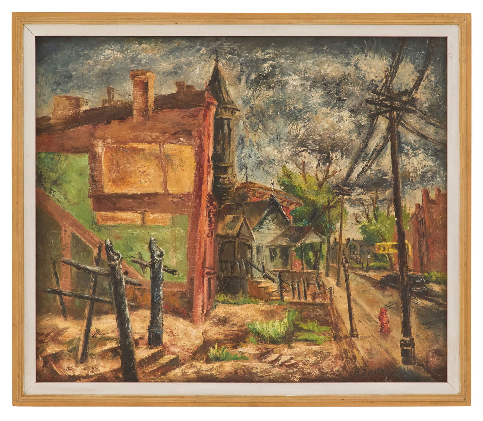 Nicola Victor Ziroli (Illinois, 1908-1970): Nicola Victor Ziroli (Italian/Illinois, 1908-1970) "31st and Lake Park, South Side, Chicago" oil on canvas signed lower right, titled en verso. Framed. 34" x 40", framed 37-3/4" x 43-3/4"