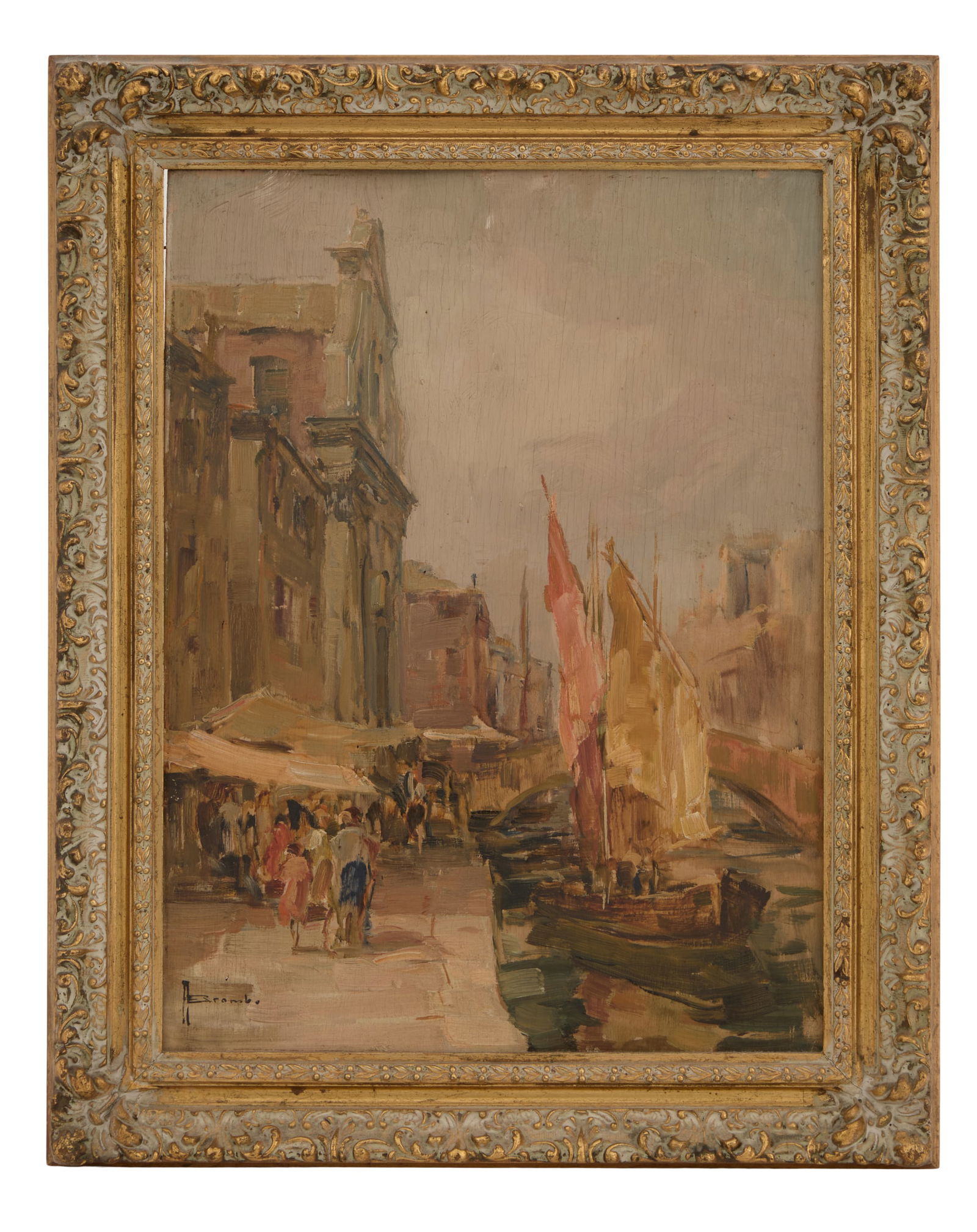 Angelo Brombo (Italian, 1893-1962): Angelo Brombo (Italian, 1893-1962) "Canale, Venezia" oil on wood panel signed lower left. Framed. 15-3/4" x 11-3/4", framed 19-3/4" x 15-3/4"