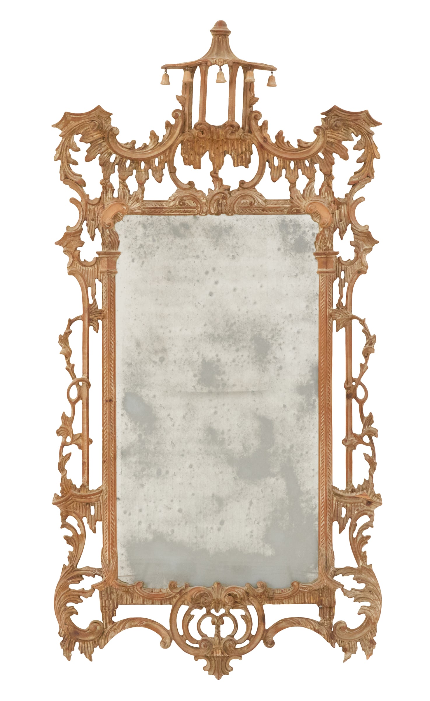 Carved and Pierced Chippendale Mirror: Carved and Pierced Chippendale Mirror 20th century, in the Chinese Chippendale taste, the pagoda crest hung with temple bells, the surround carved with scrollwork and rocaille work, with a rope-twist