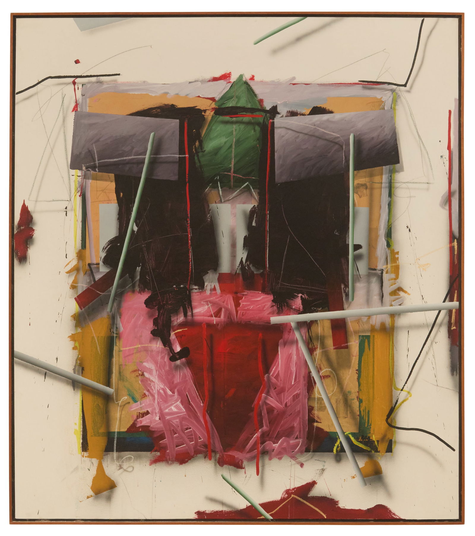 Richard A. Johnson (Louisiana, b. 1942): Richard A. Johnson (American/Louisiana, b. 1942) "Untitled", 1984 acrylic and mixed media on canvas signed and dated en verso. Framed. 71" x 59-1/2", framed 73" x 61"