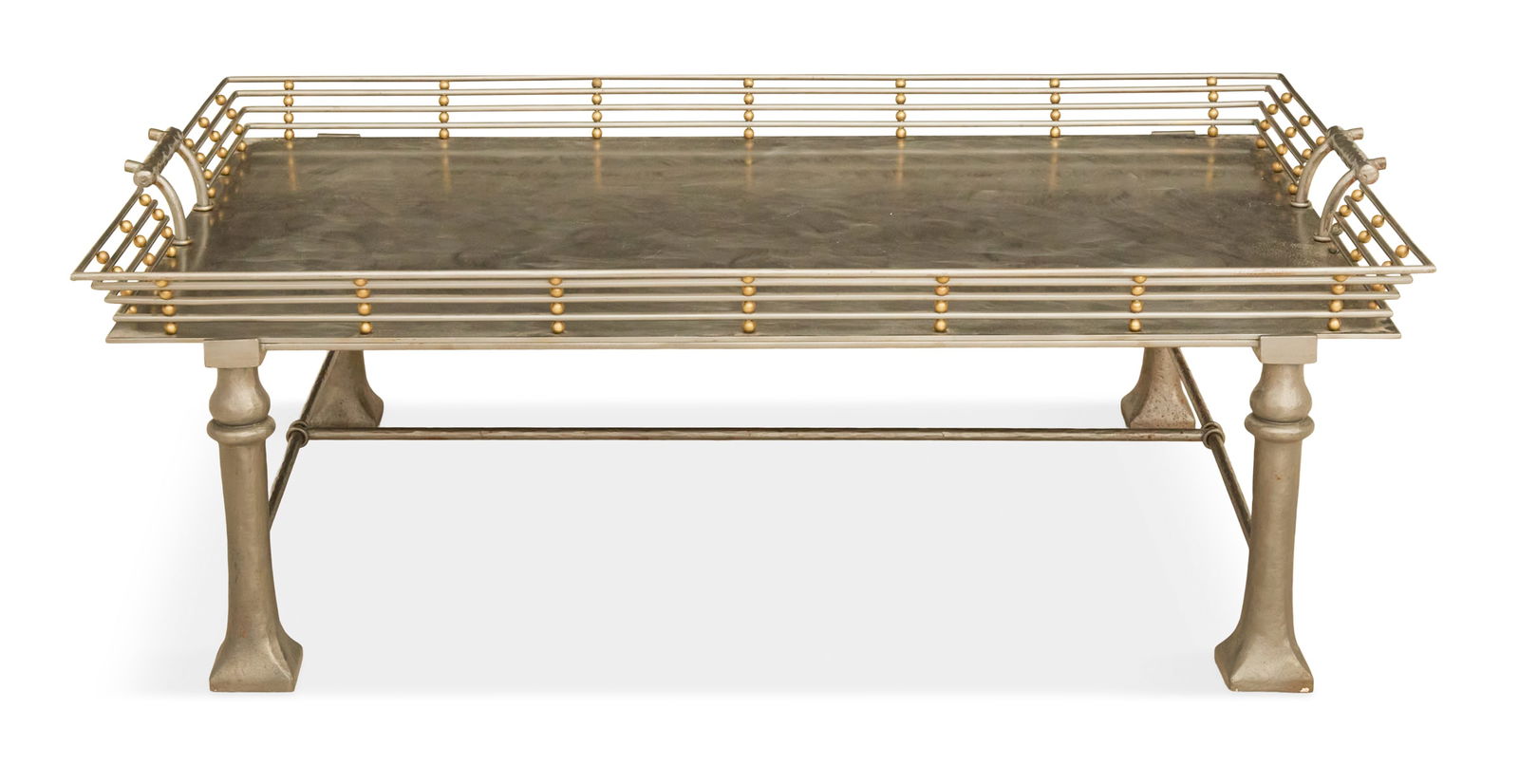 Gustav Carroll Steel and Brass Cocktail Table: Gustav Carroll Steel and Brass Cocktail Table 20th century, the flaring gallery top with horizontal rails connected with brass spheres, and handles on each side, on pylon-form legs connected with