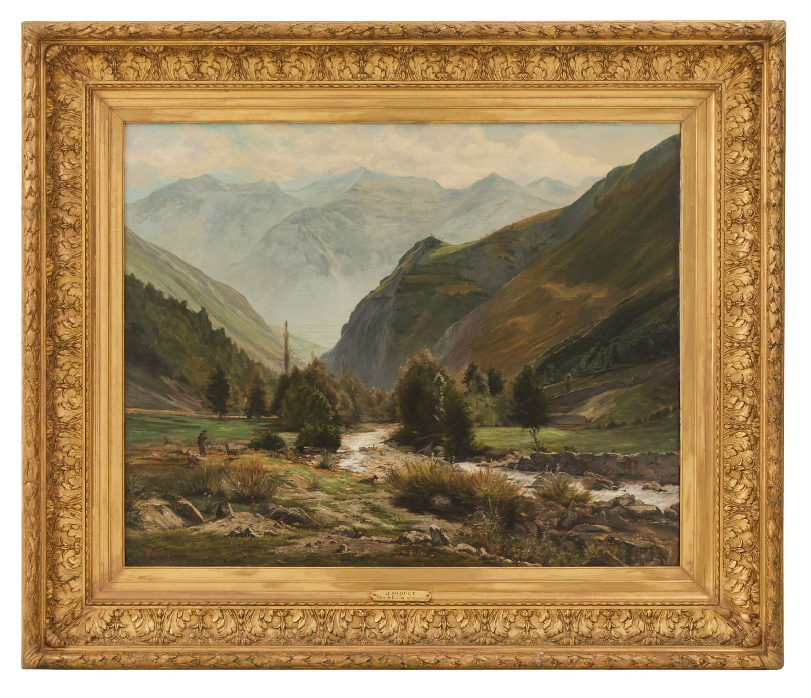 Jules Charles Boquet (French, 1840-1931): Jules Charles Boquet (French, 1840-1931) "Vallee du Bastan, Pyrenees" oil on canvas signed lower left, titled on artist plaque. In a period coved, gessoed, and carved giltwood frame. 39" x 49",
