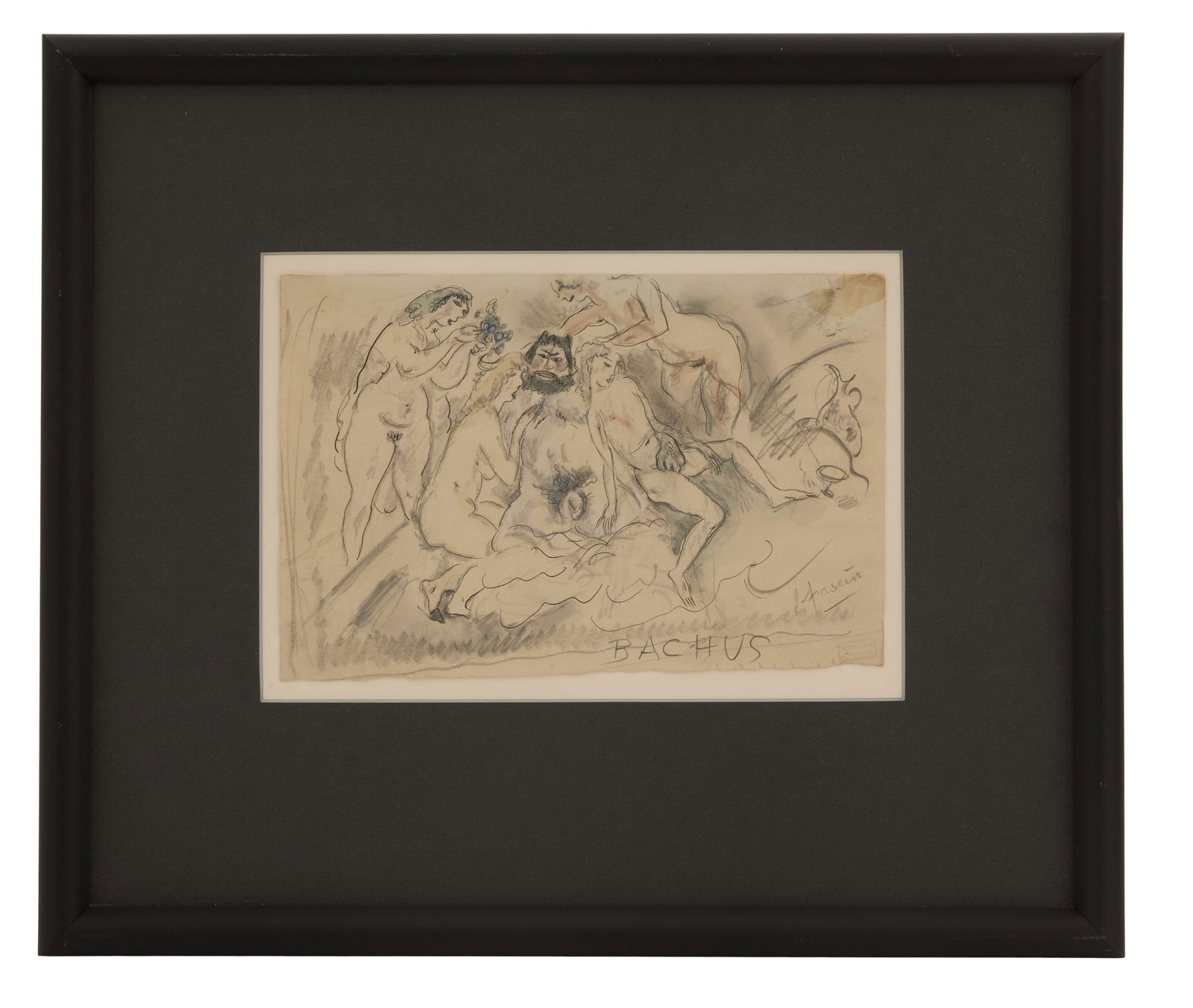 Jules Pascin (French, 1885-1930): Jules Pascin (French, 1885-1930) "Bacchus" graphite and ink on paper signed lower right. Float-mounted, glazed and framed. sheet 5-1/4" x 8-1/4", framed 12-1/2" x 14-1/2"
