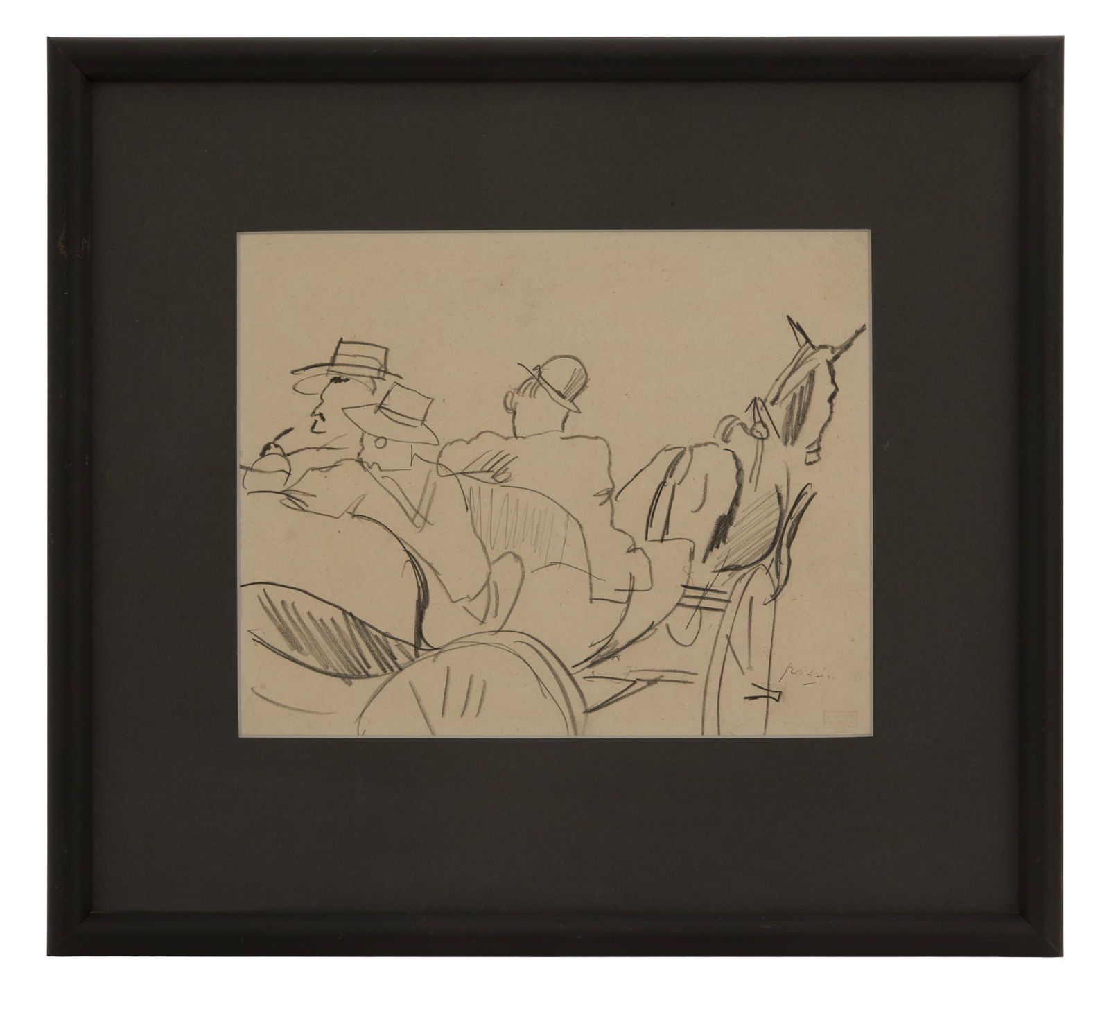 Jules Pascin (French, 1885-1930): Jules Pascin (French, 1885-1930) "Trois Hommes en Charette" graphite on paper signed lower right. Matted, glazed and framed. sight 7-7/8" x 10", framed 10" x 12"