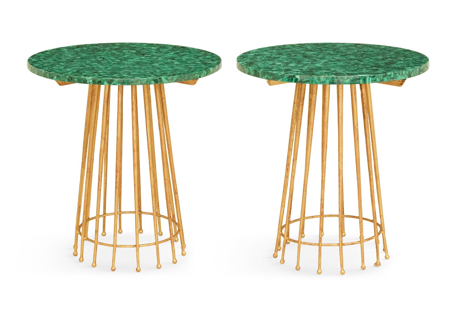 Pair of Malachite and Gilt-Metal Side Tables: Pair of Malachite and Gilt-Metal Side Tables 20th century, probably Italian, each with a circular tessellated malachite top raised on clustered tapering tubular legs ending in integral ball feet and
