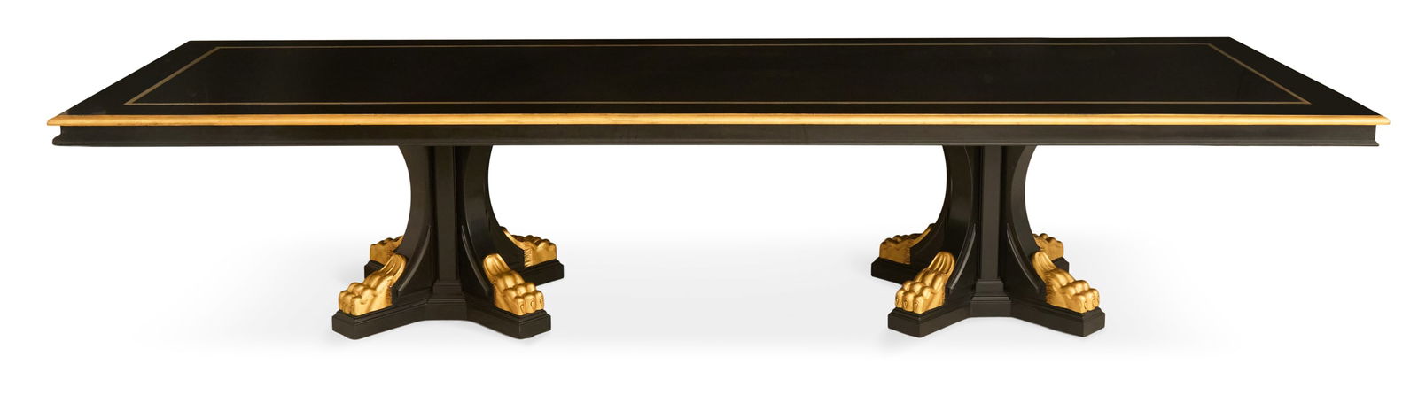 Impressive Custom-Made Black-Lacquer Dining Table: Impressive Custom-Made Black-Lacquer Pedestal Dining Table the expansive rectangular top with a gilded and molded edge set with a broad border and inner silver-leaf liner, raised on a pair of