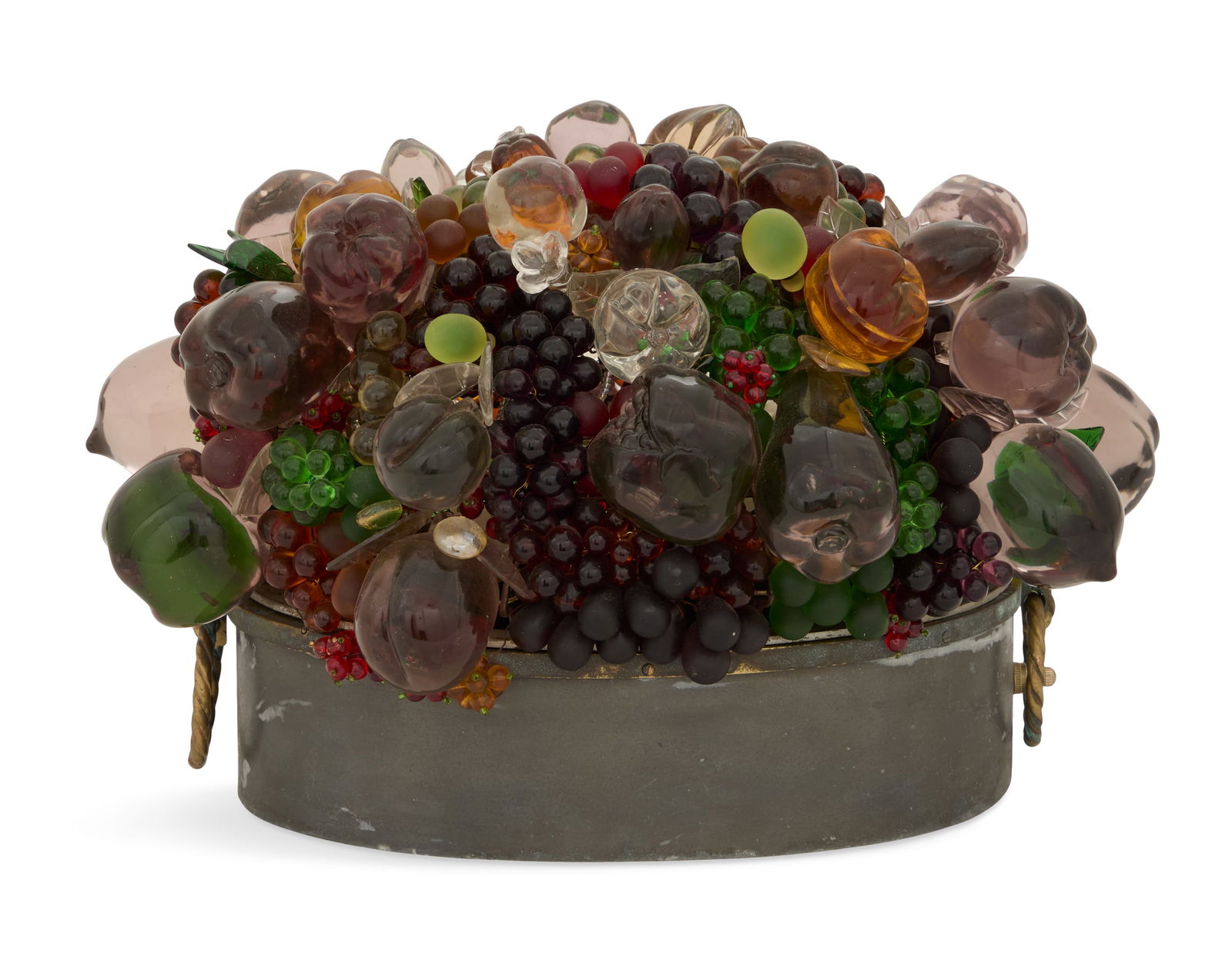 Czech Glass Centerpiece Lamp: Czech Glass Centerpiece Lamp second quarter 20th century, the lush arrangement of polychrome glass fruit lit from within, on an oval tole basket with brass rope-twist handles. h. 10", w. 13", d.