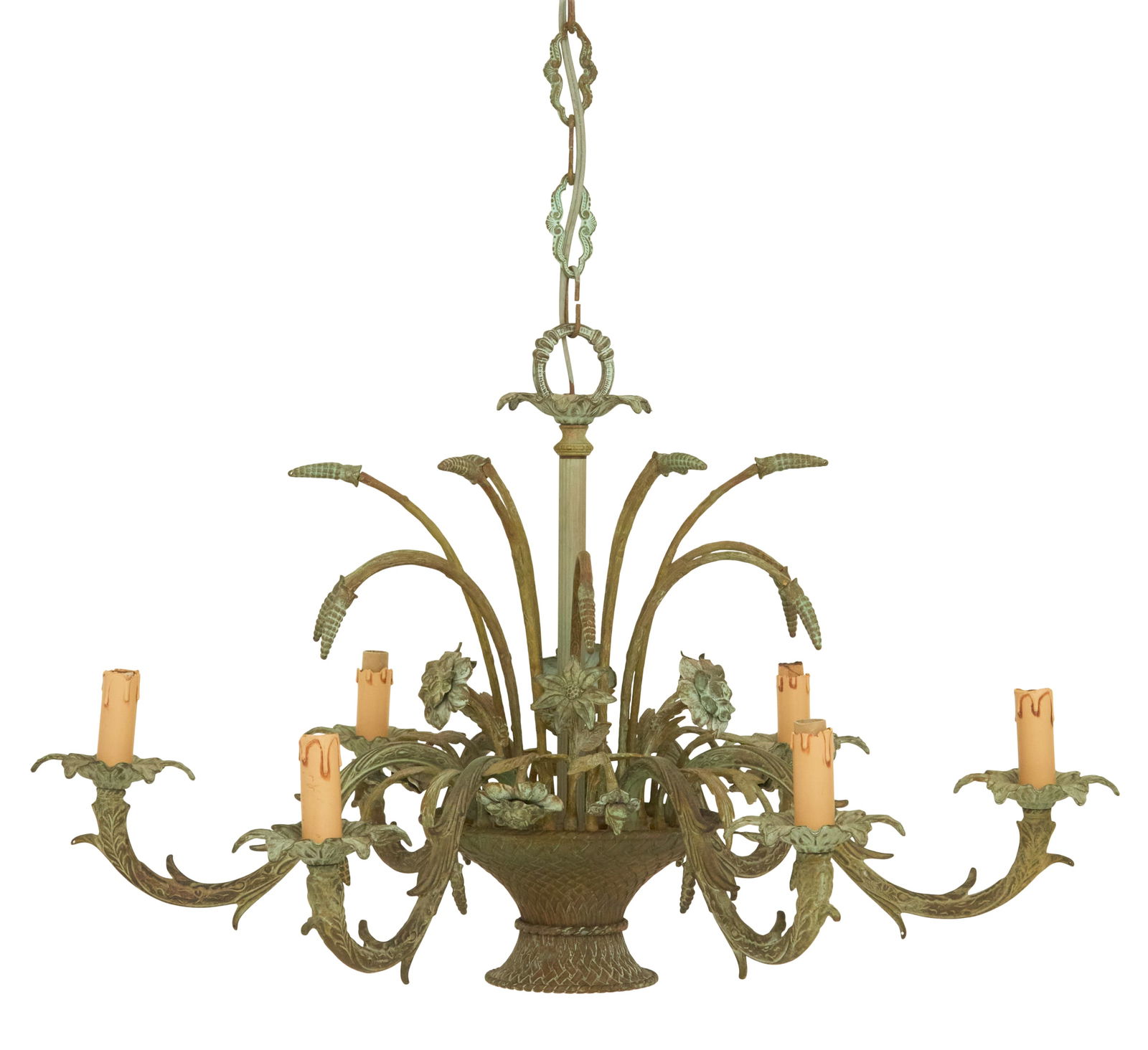 French Patinated Bronze Chandelier: French Patinated Bronze Chandelier mid-20th century, the body in the form of a wicker flower basket, set with bronze flowers and wheat, intermingled with leaf-molded and scrolled candle arms set with