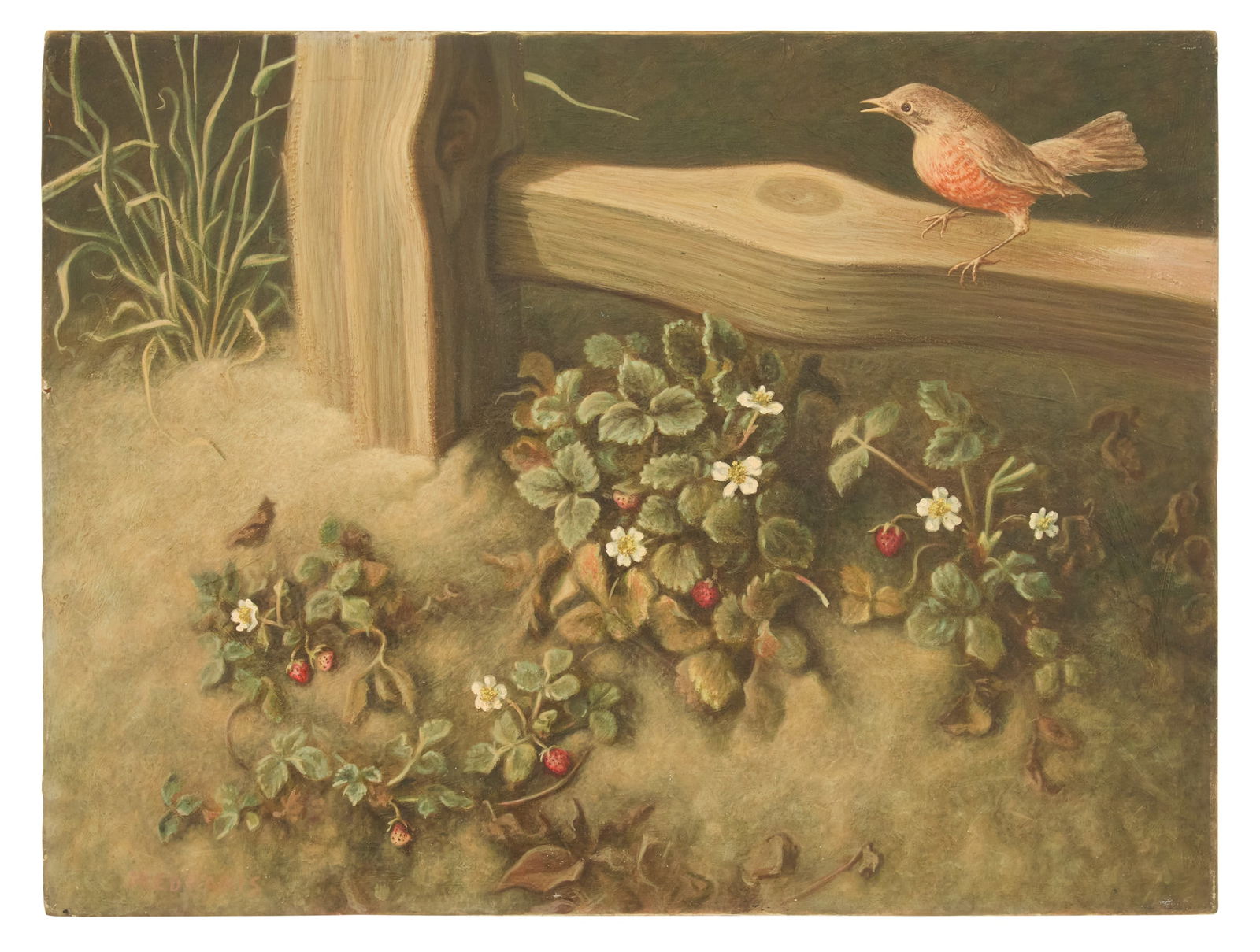 Roger Medearis (American, 1920-2001): Roger Norman Medearis (American, 1920-2001) "Wild Strawberries by a Rail Fence", 1966 acrylic on masonite signed lower left, and signed, titled, dated and localized en verso. Unframed. 18" x 24" 