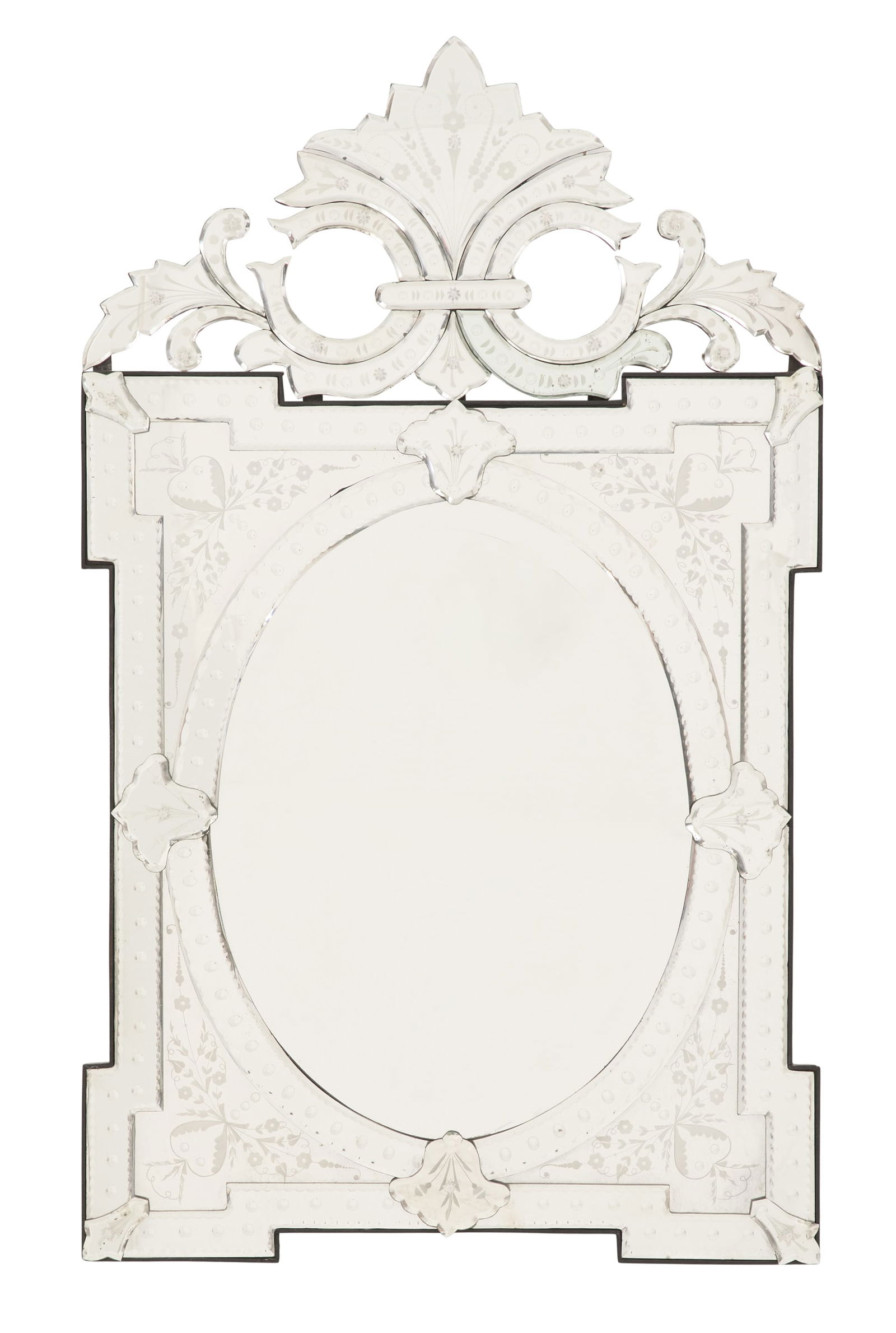 Venetian Mirror in the Baroque Taste: Venetian Mirror in the Baroque Taste the flower-engraved central rocaille crest flanked by leaves, the body with flower-engraved crossetted corners framing the oval center panel, the corners engraved