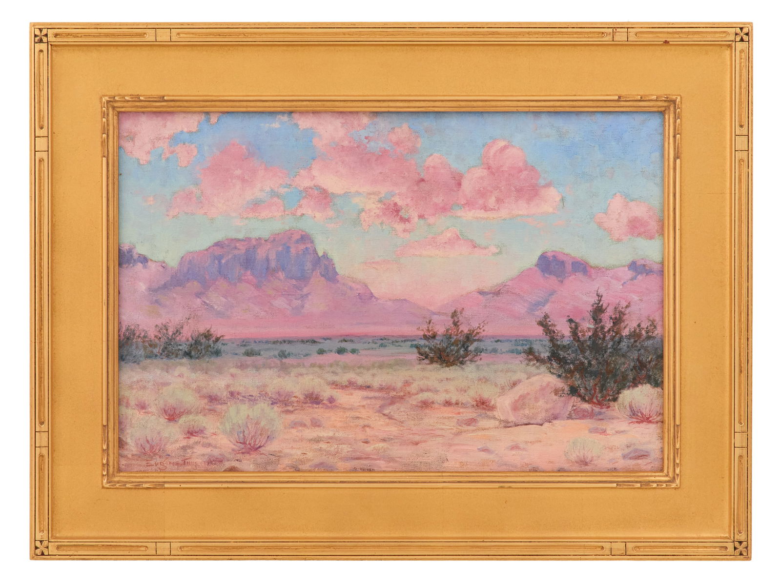Eugene Thurston (American/Texas, 1896-1993): Eugene Thurston (American/Texas, 1896-1993) "Desert Sunset" oil on canvas signed lower left. Framed. 18" x 24", framed 23" x 30-1/2"