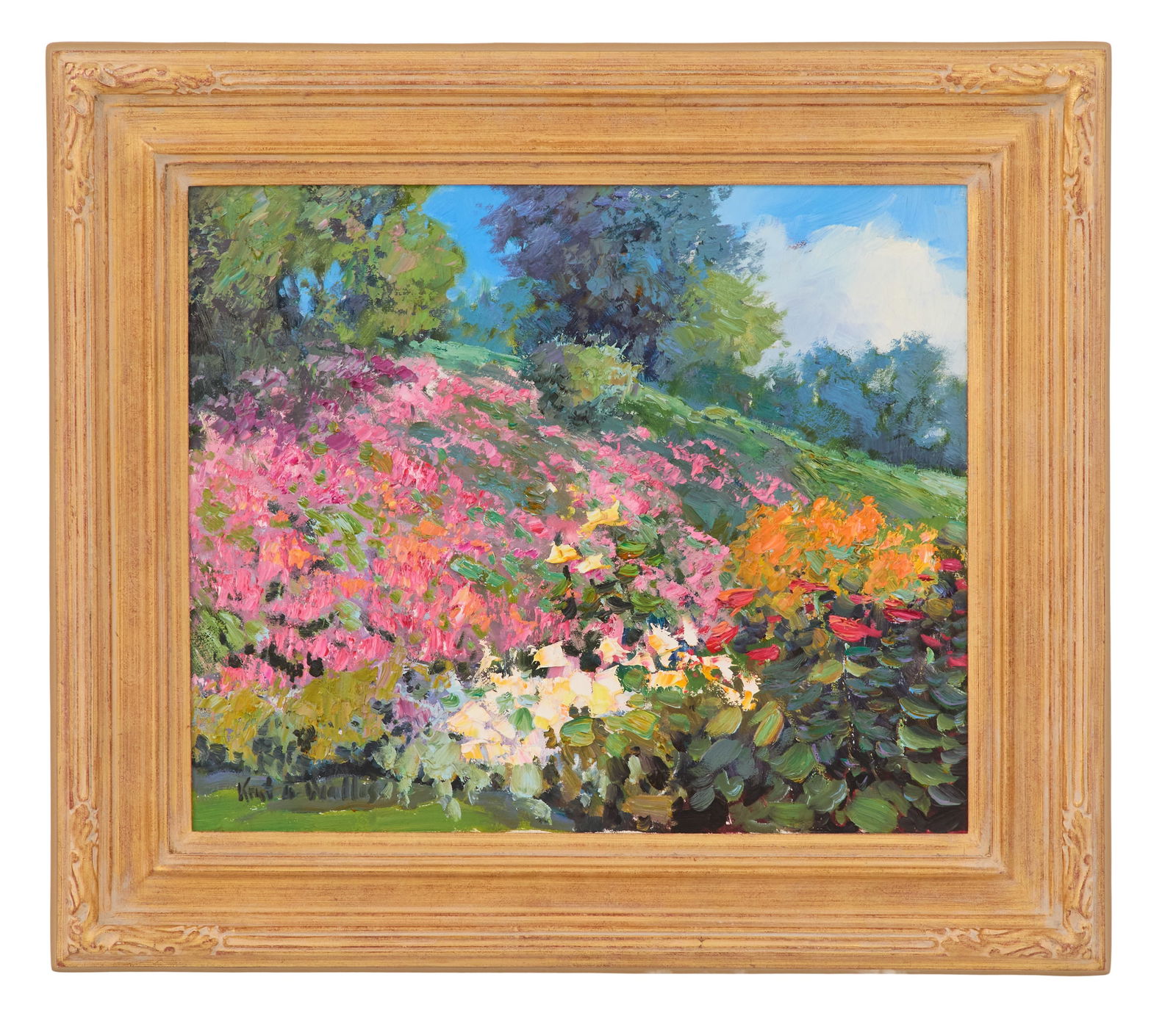 Kent R. Wallis (American, b. 1945): Kent R. Wallis(American, b. 1945)"Floral Blanket"oil on canvassigned lower left, titled on a "Meyer Gallery, Santa Fe, New Mexico" label en verso.Framed.20" x 24", framed 28-1/4" x 32-1/4" Proven