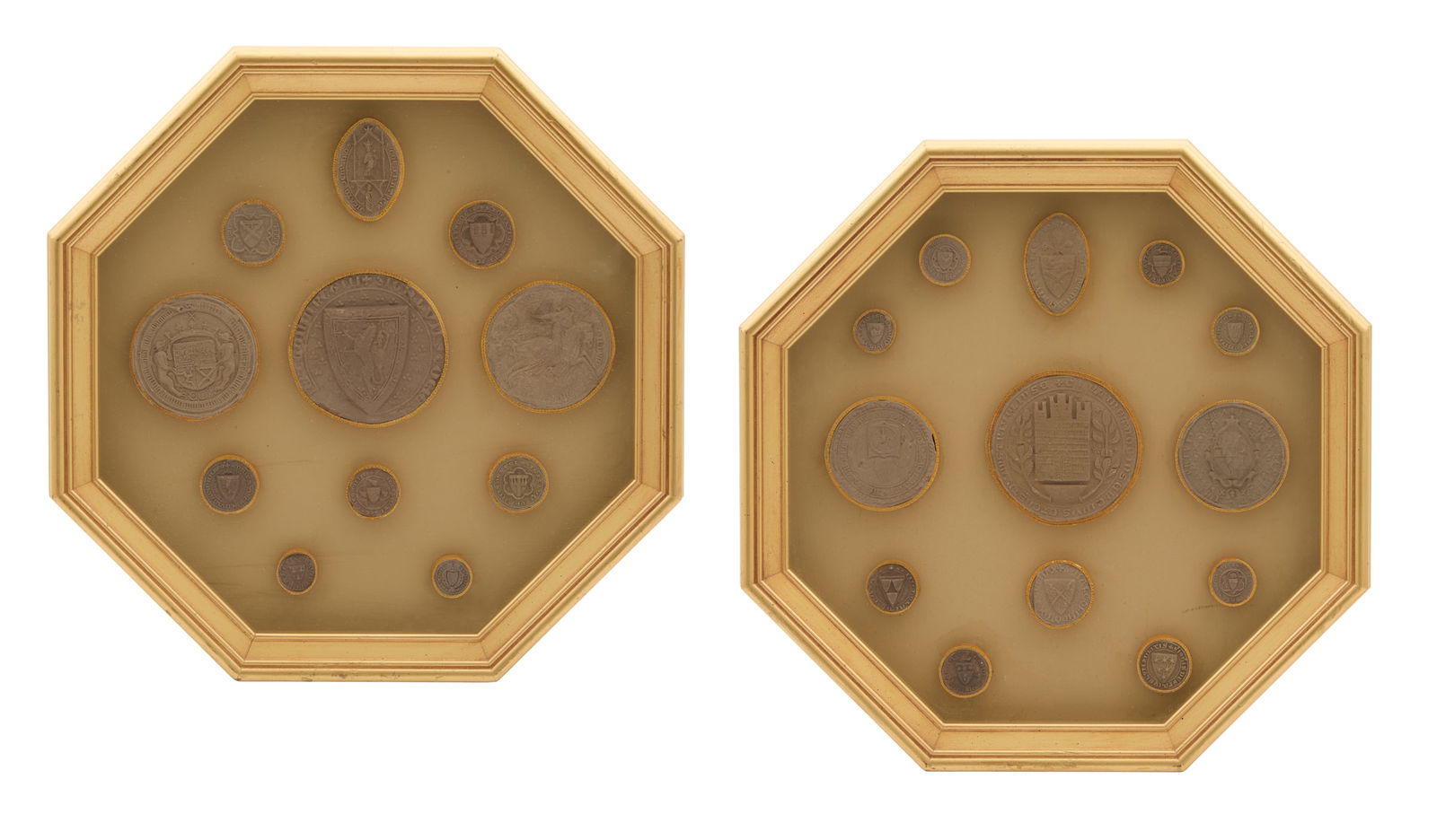 Two Framed Collections of Grand Tour Seals: Two Framed Collections of Grand Tour Sealssecond quarter 19th century, the seals with gilt paper "frames", on a taupe ground, in octagonal giltwood shadowbox frames.h. 13-3/4", w. 13-3/4"
