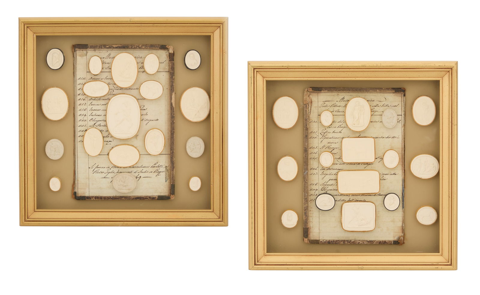 Pair of Framed Plaster Grand Tour Medallions: Pair of Framed White Plaster Grand Tour Medallionssecond quarter 19th century and later, of famous classical figures, scenes or art, the edges in gilt paper "frames", on a taupe ground with period scr