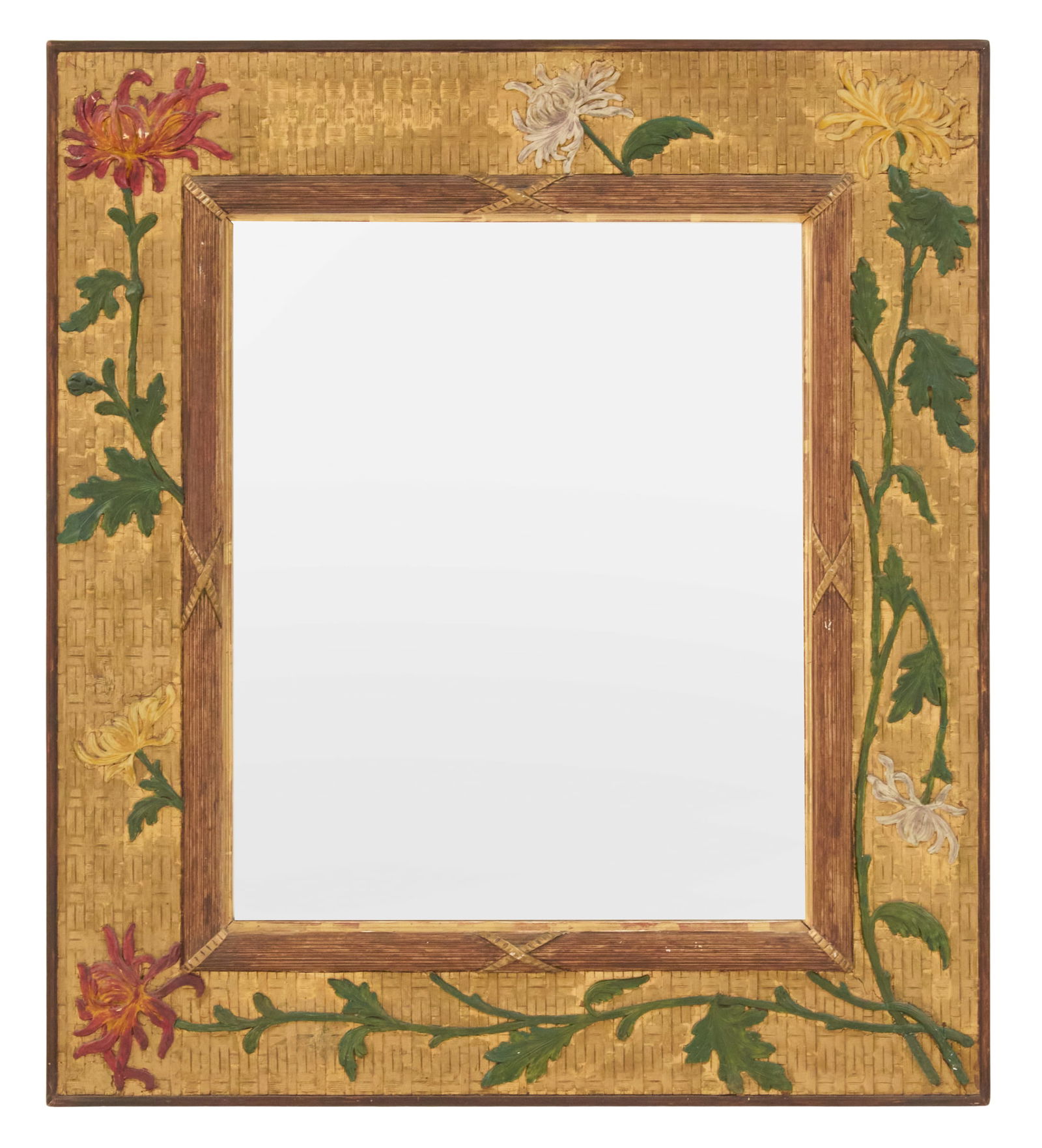 Polychrome and Parcel-Gilt Mirror: Polychrome and Parcel-Gilt Mirrorlate 19th century, in the Art Nouveau taste, decorated with carved and painted chrysanthemums on a giltwood basketweave ground, with a ribbon-bound and reeded liner.h.