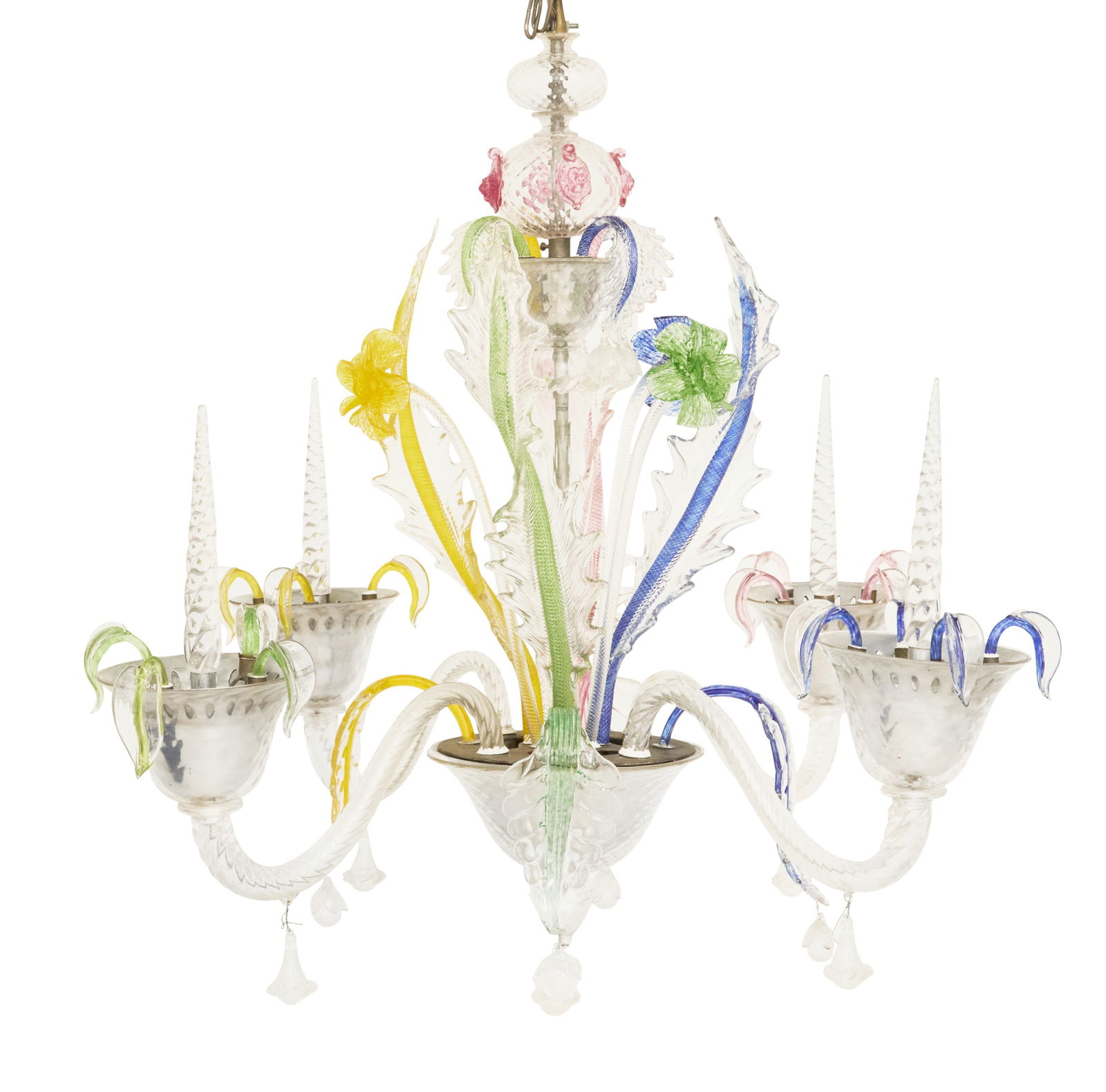 Large Murano Eight-Light Chandelier: Large Murano Eight-Light Chandelier20th century, Venetian, the blown-glass quilted standard with pink accents, set with four rope-twist arms, and quilted light holders, the arms intermingled with blow
