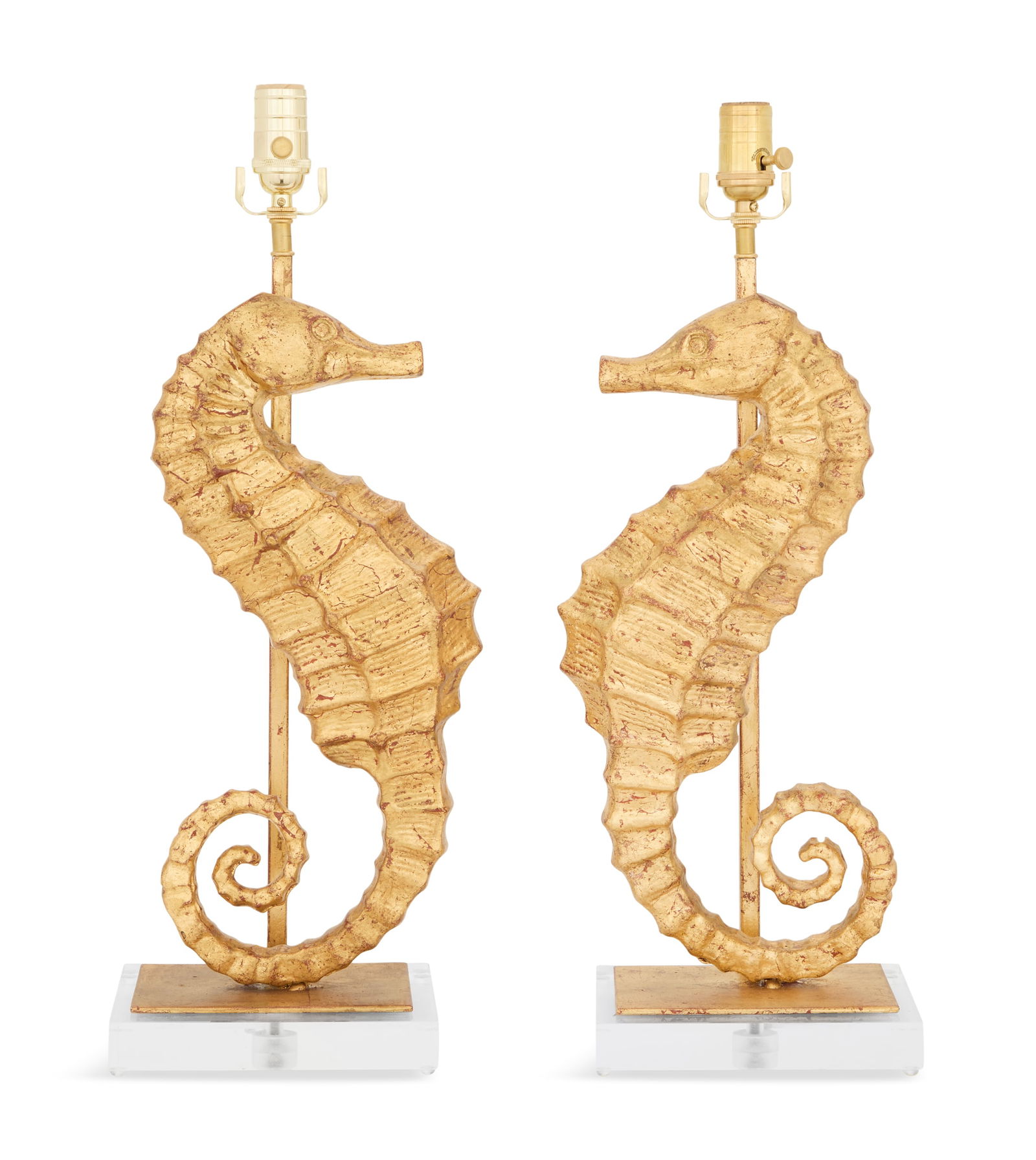 Pair of Gilt-Metal Seahorse Lamps: Pair of Gilt-Metal Seahorse Lampsthe seahorses mounted on gilt-metal plinths, above rectangular acrylic bases.h. 24-1/4", w. 8", d. 5-1/2"