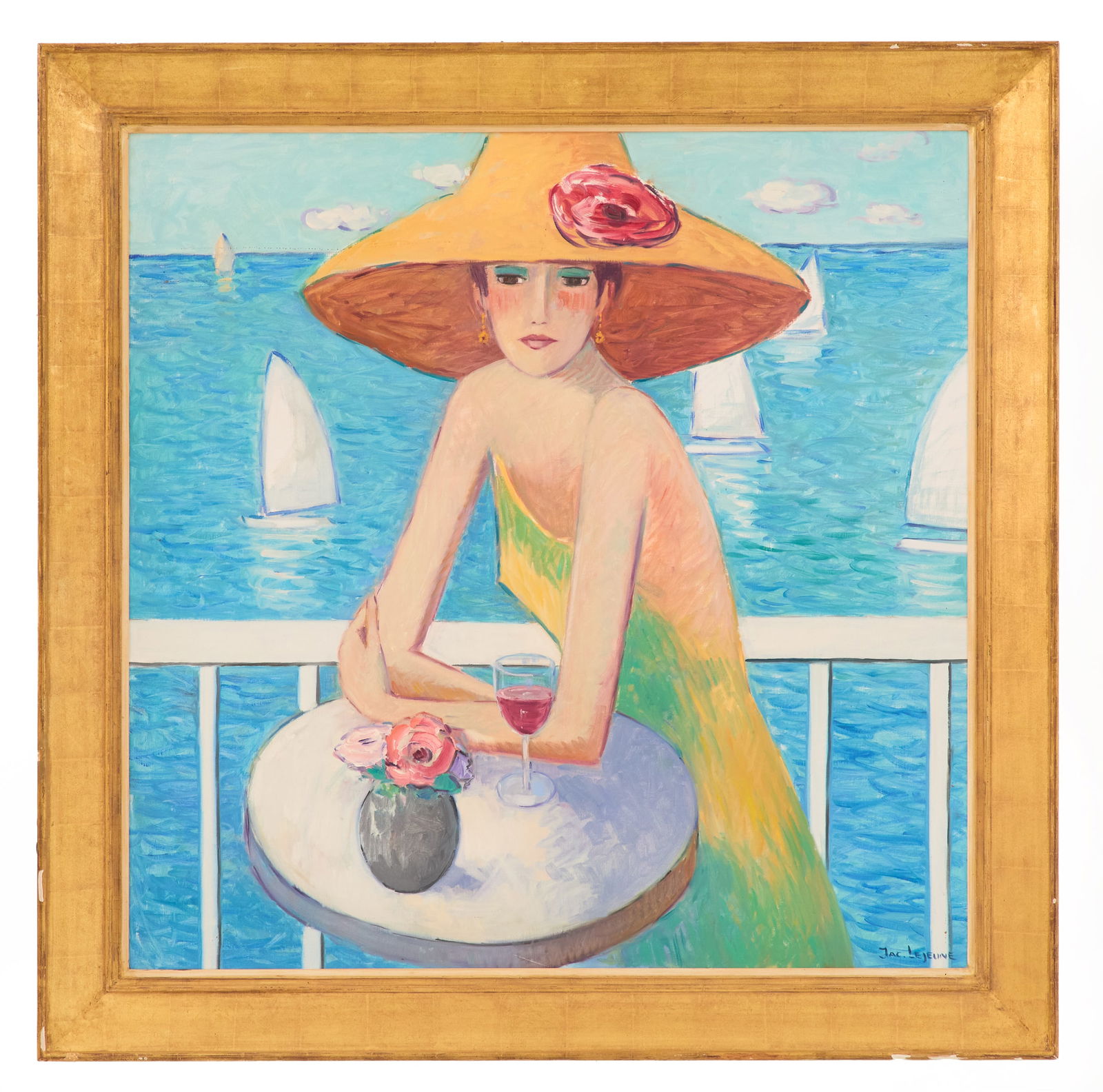 Jacques Renard Lejeune (French, 1930-2003): Jacques Renard Lejeune(French, 1930-2003)"Jolie Femme sur la Terrasse"oil on canvassigned lower right.Framed.39-1/2" x 39-1/2", framed 47" x 47"