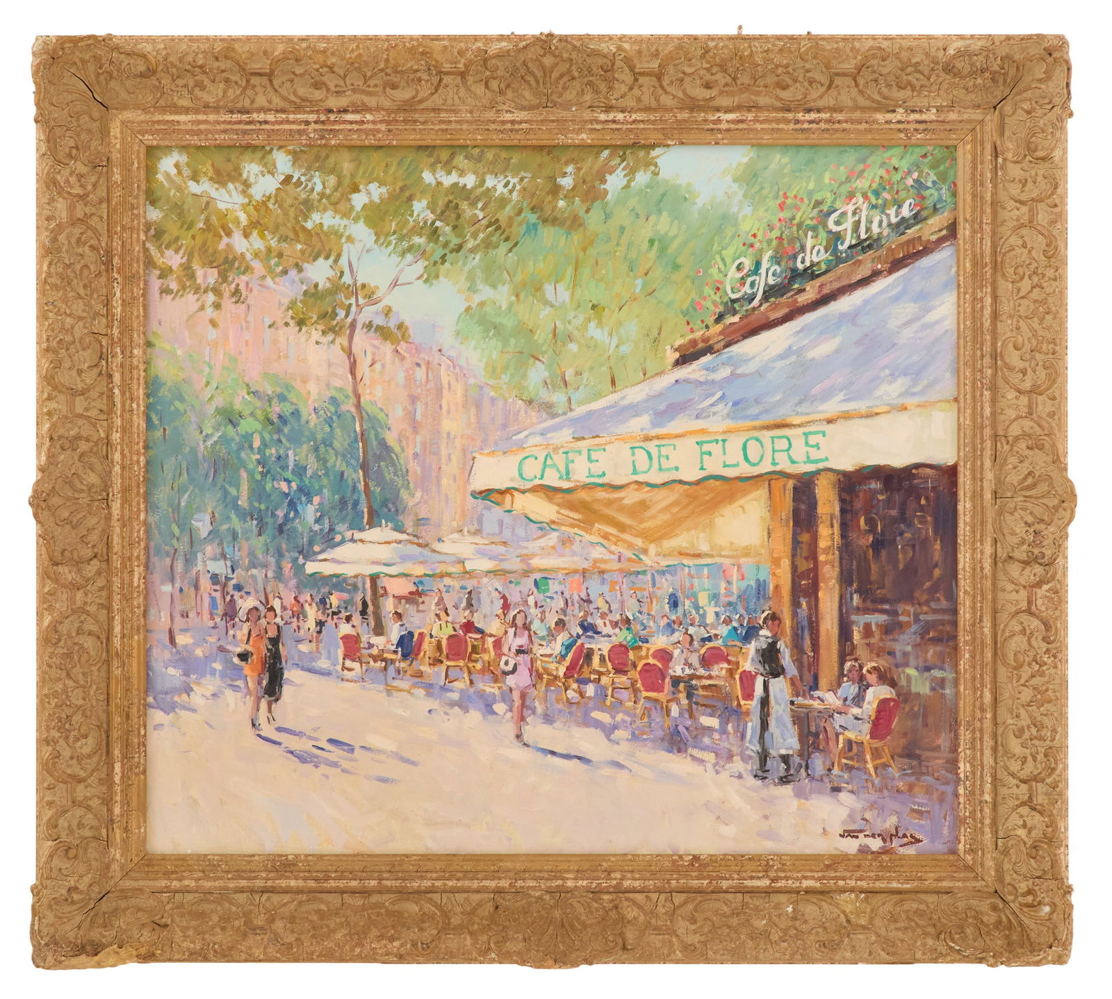Niek van der Plas (Dutch, b. 1954): Niek van der Plas(Dutch, b. 1954)"Cafe de Flore"oil on wood panelsigned lower right, incised signature en verso.Framed.22" x 24-1/2", framed 28-1/2" x 31-1/4"