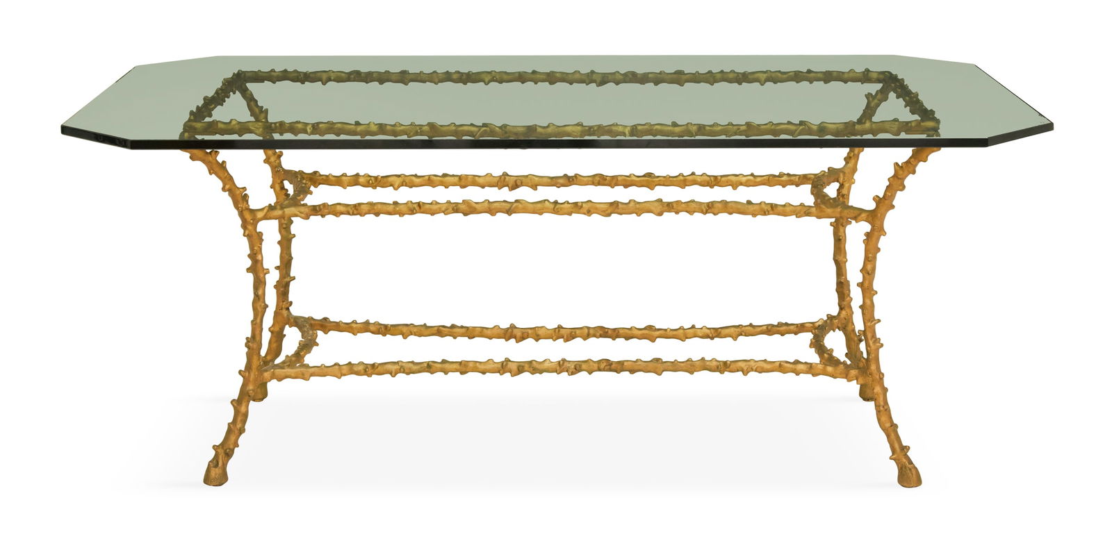 Maison Bagues Gilt-Bronze and Plate-Glass Table: Maison Bagues Gilt-Bronze and Plate-Glass Tablethe thick, rectangular plate-glass top with a slightly beveled edge and canted corners, set on a branch-form base with in-curved box stretchers and out-c
