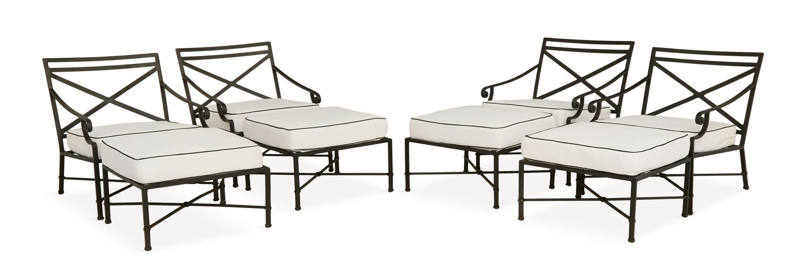 Brown Jordan "Venetian" Lounge Suite: Brown Jordan "Venetian" Lounge Suite 20th century, the aluminum suite including four lounge chairs with pierced X-form backs, arms with scrolled ends and stretcher bases, fitted with loose cushions,