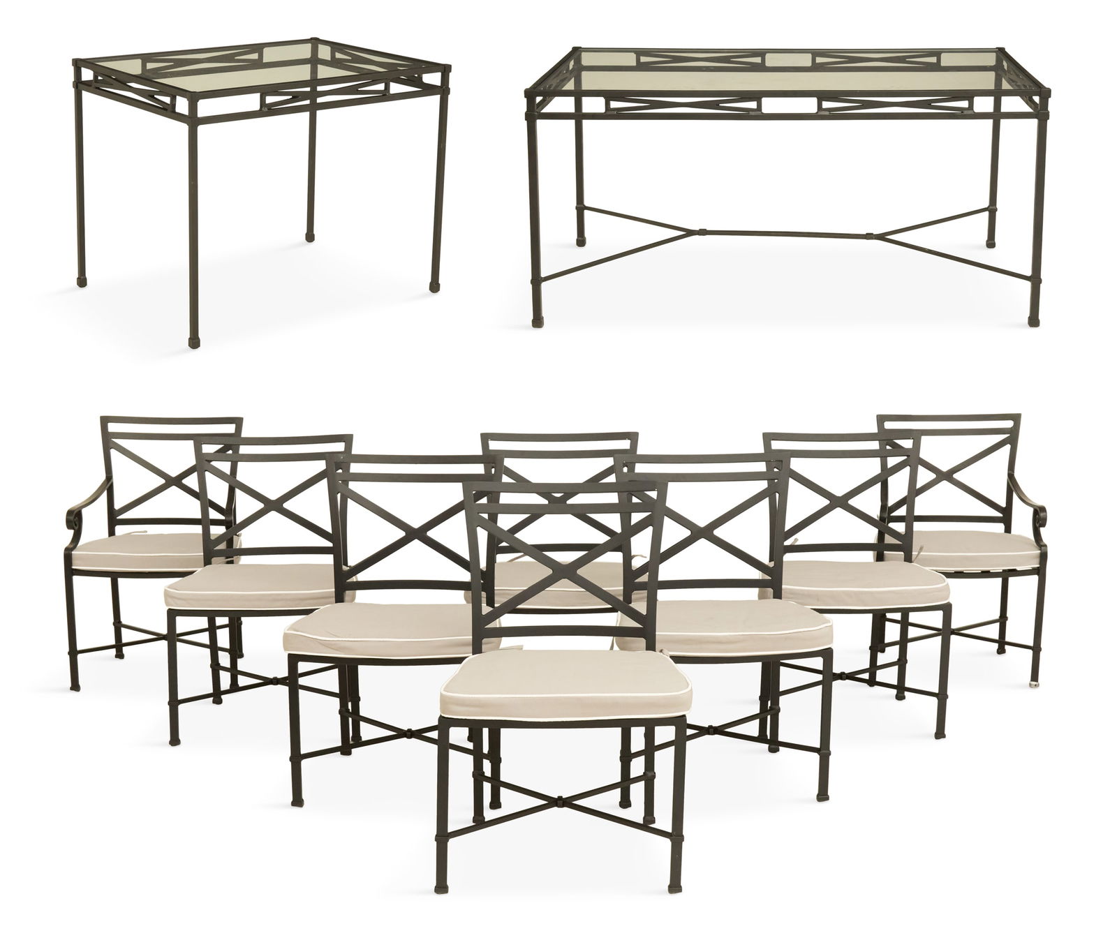 Brown Jordan "Venetian" Pattern Dining Suite: Brown Jordan "Venetian" Pattern Dining Suite 20th century, the aluminum suite including a glass-top dining table with pierced skirts and legs with block feet and cross stretchers, h. 29", w. 37-1/2",