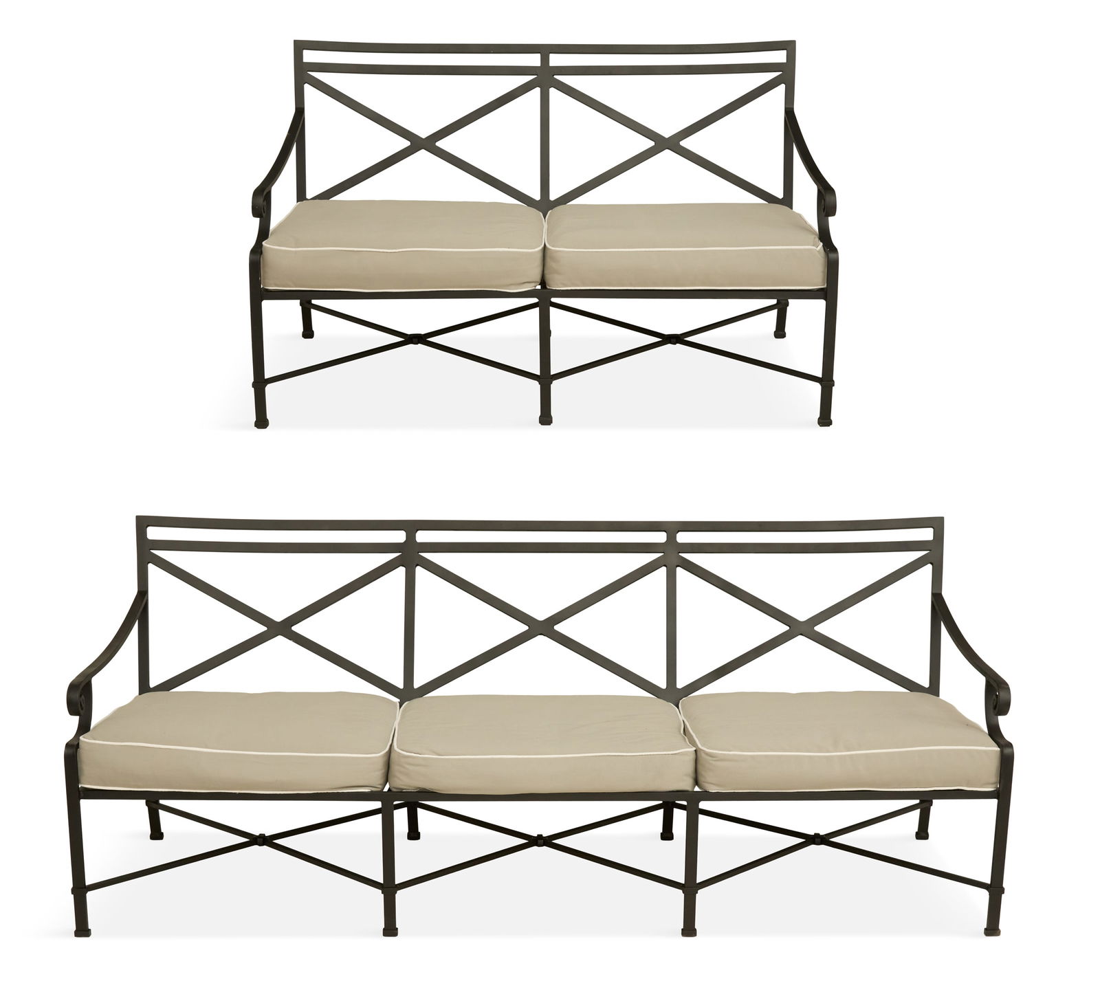 Brown Jordan "Venetian" Sofa and Settee: Brown Jordan "Venetian" Sofa and Settee20th century, the aluminum sofa and settee with pierced X-form backs, woven seats and arms terminating in scrolled ends, raised on straight legs with block feet