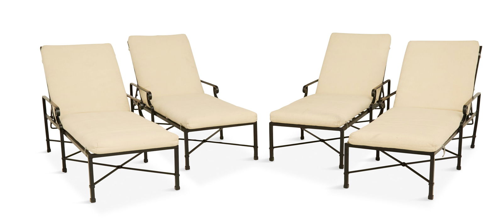 Four Brown Jordan "Venetian" Chaise Lounges: Suite of Four Brown Jordan "Venetian" Chaise Lounges 20th century, the aluminum suite with woven seats and adjustable backs, the arms with scrollwork and the legs on block feet with cross stretchers,
