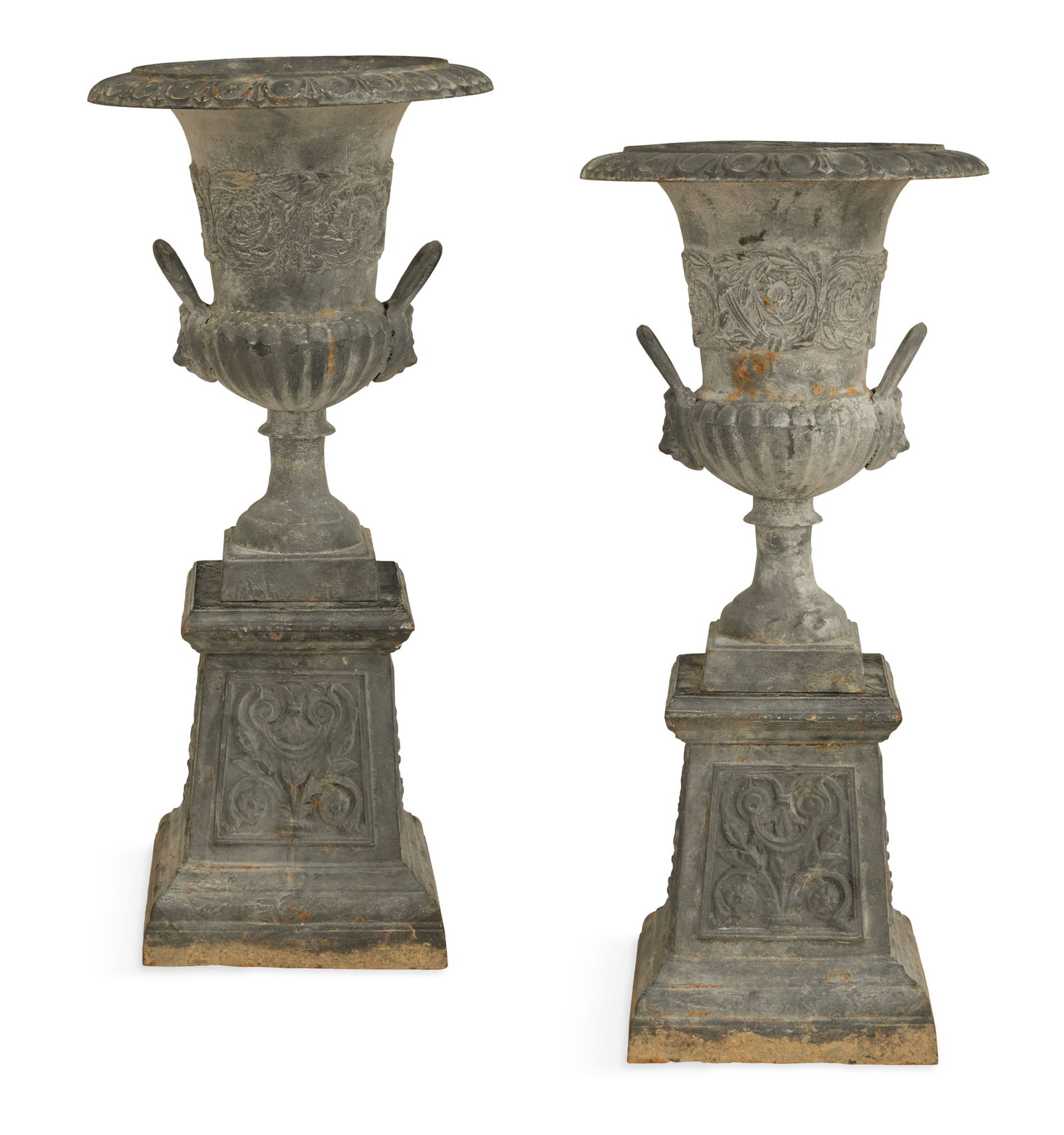 Pair of Cast-Iron Urns on Pedestals (1 of 3)