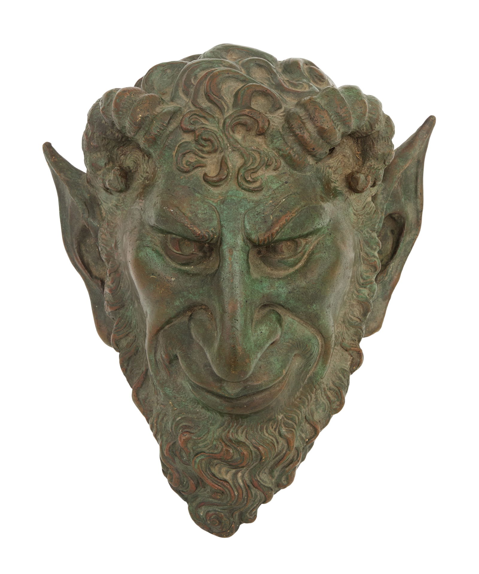 Patinated Bronze Satyr Masque: Patinated Bronze Satyr Masque late 19th/early 20th century, the Bacchanalian horned masque with elfin ears, signed indistinctly. h. 12", w. 11-1/4", d. 5-3/4"